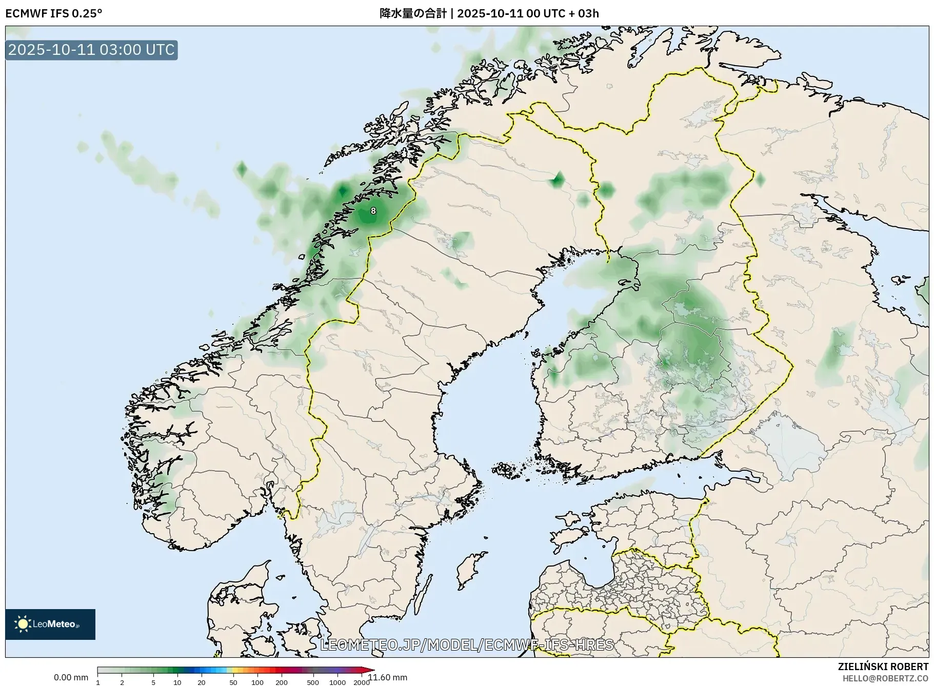 ECMWF IFS 0.25° model - スカンジナビア, 降水量の合計 ECMWF IFS 0.25° model - スカンジナビア, 降水量の合計