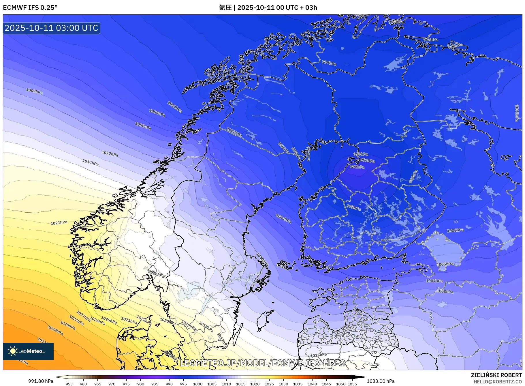 ECMWF IFS 0.25° model - スカンジナビア, 気圧 ECMWF IFS 0.25° model - スカンジナビア, 気圧