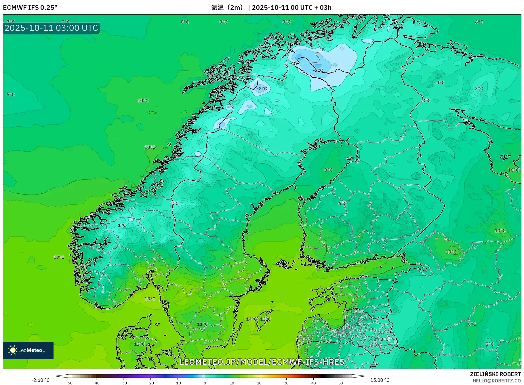 ECMWF IFS 0.25° model - スカンジナビア, 気温（2m）