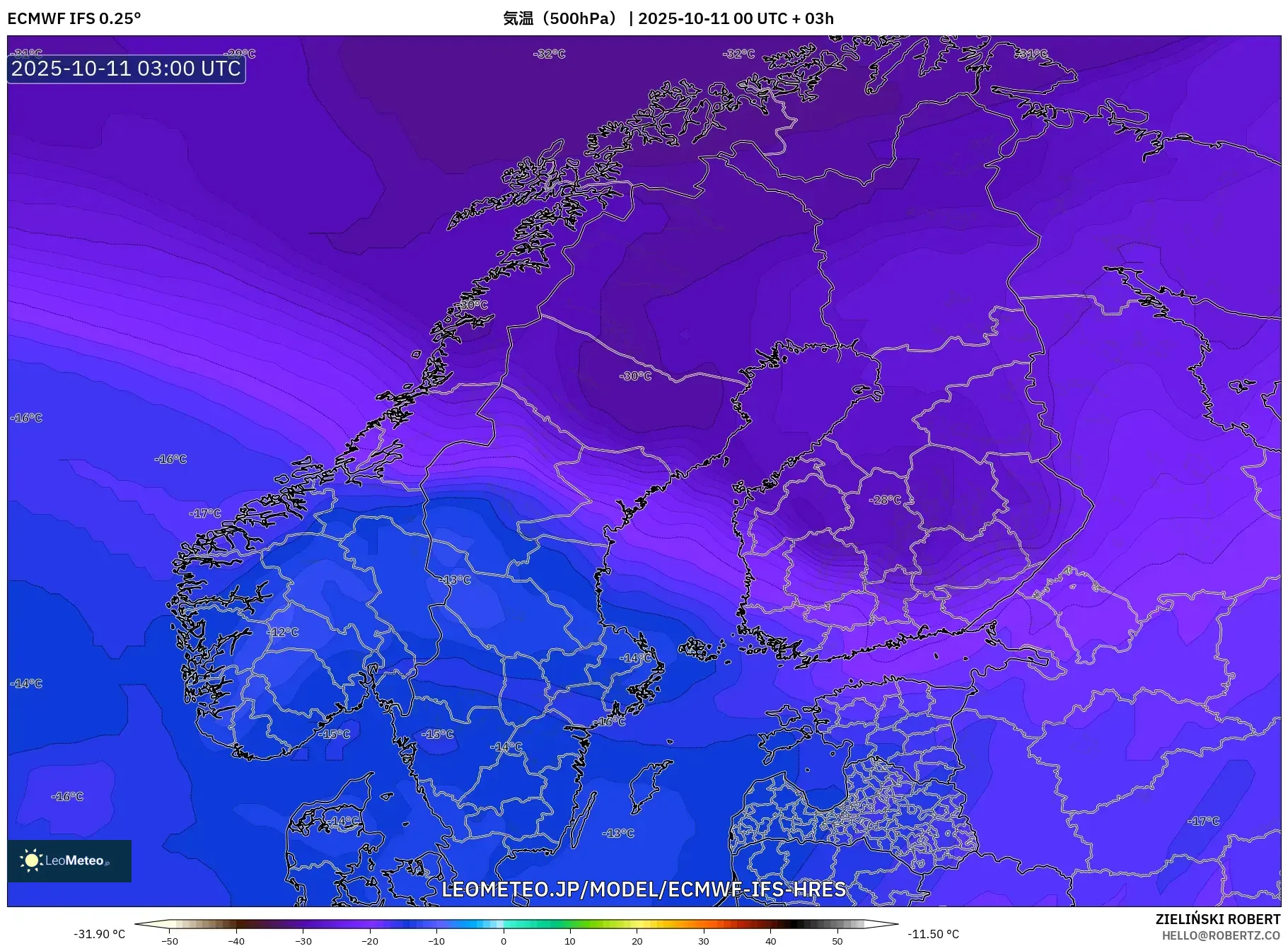 ECMWF IFS 0.25° model - スカンジナビア, 気温(500hPa) ECMWF IFS 0.25° model - スカンジナビア, 気温(500hPa)