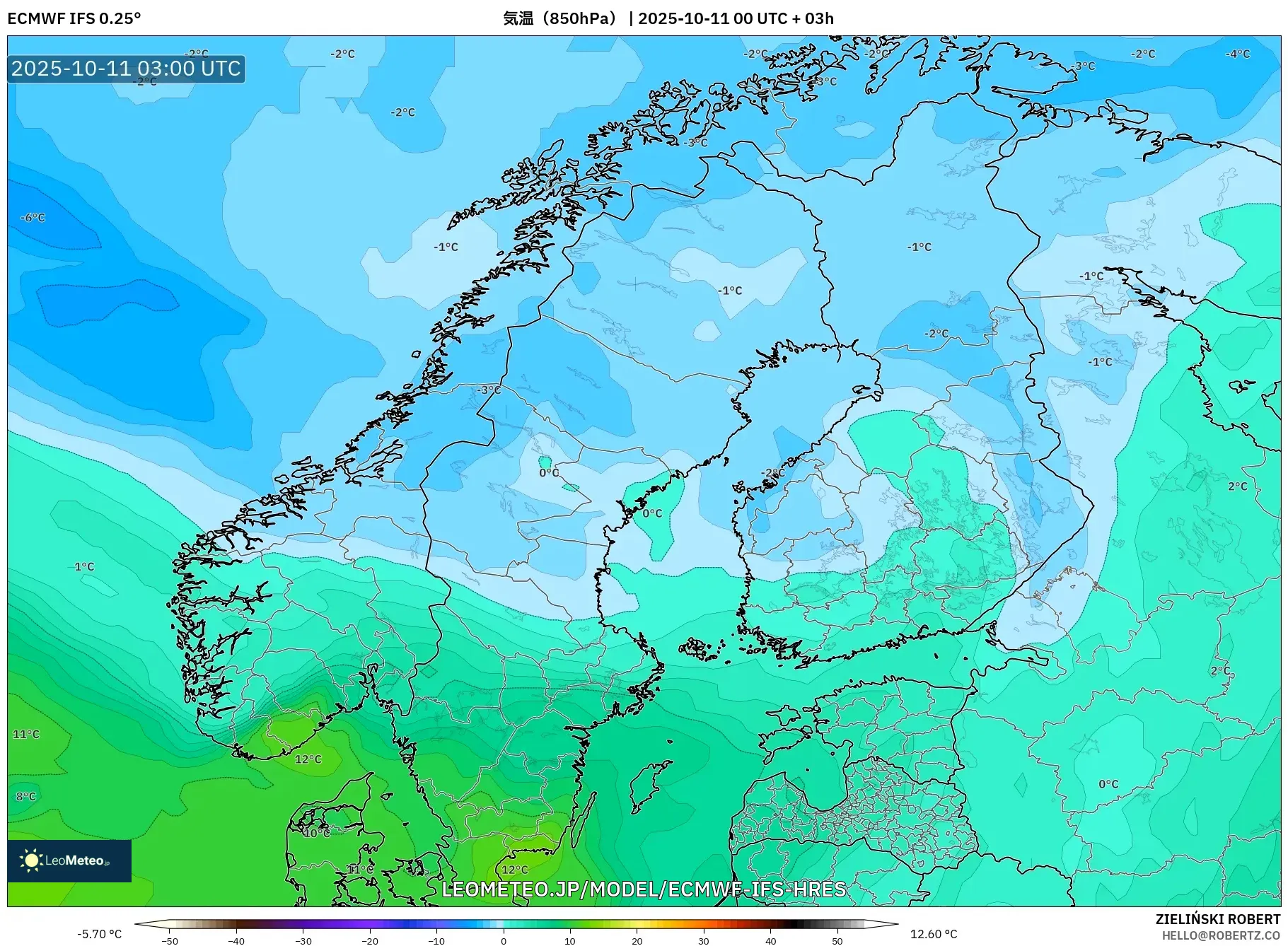 ECMWF IFS 0.25° model - スカンジナビア, 気温(850hPa) ECMWF IFS 0.25° model - スカンジナビア, 気温(850hPa)