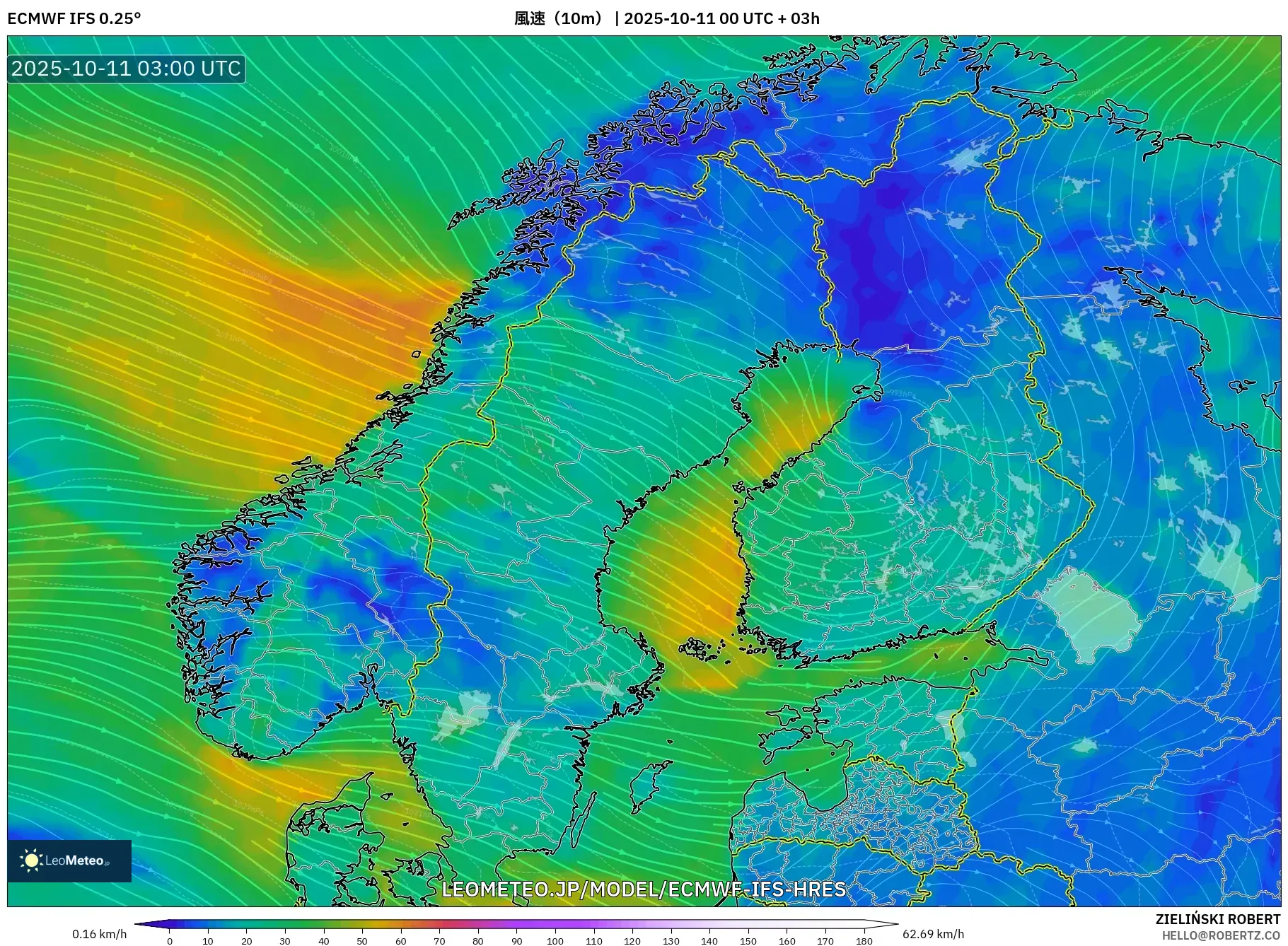 ECMWF IFS 0.25° model - スカンジナビア, 風速(10m) ECMWF IFS 0.25° model - スカンジナビア, 風速(10m)