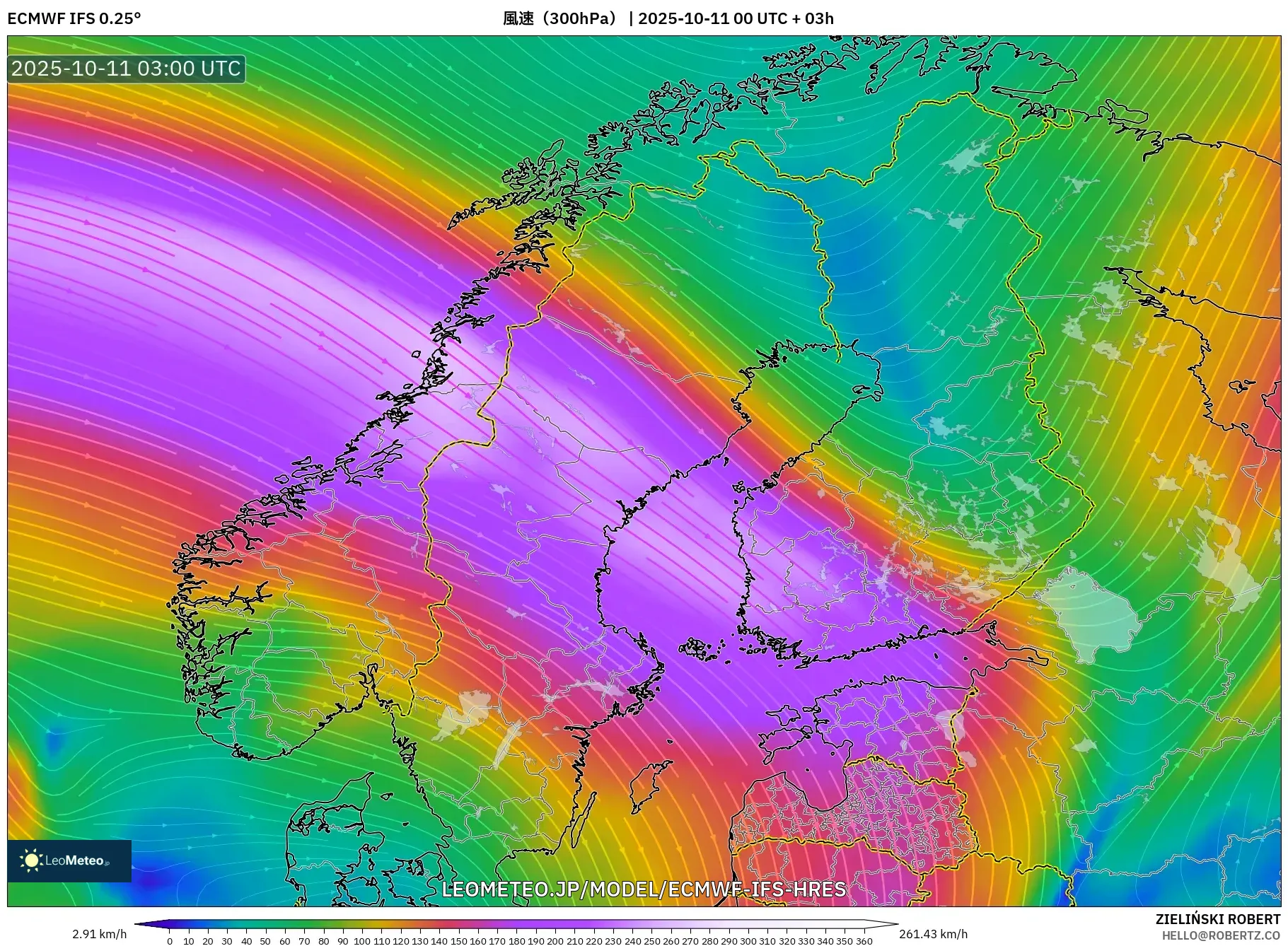 ECMWF IFS 0.25° model - スカンジナビア, 風速（300hPa）