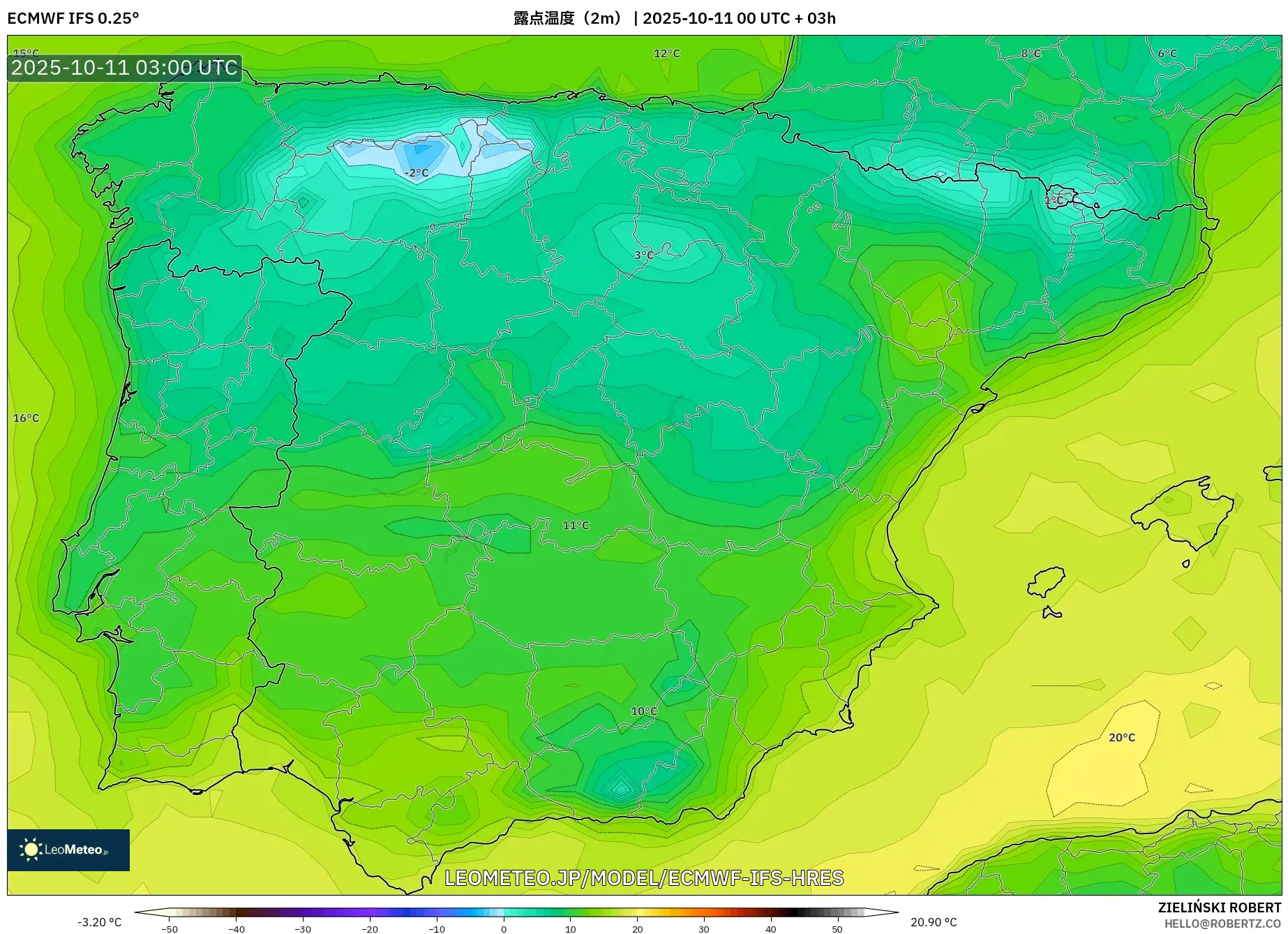 ECMWF IFS 0.25° model - スペイン, 露点温度(2m) ECMWF IFS 0.25° model - スペイン, 露点温度(2m)