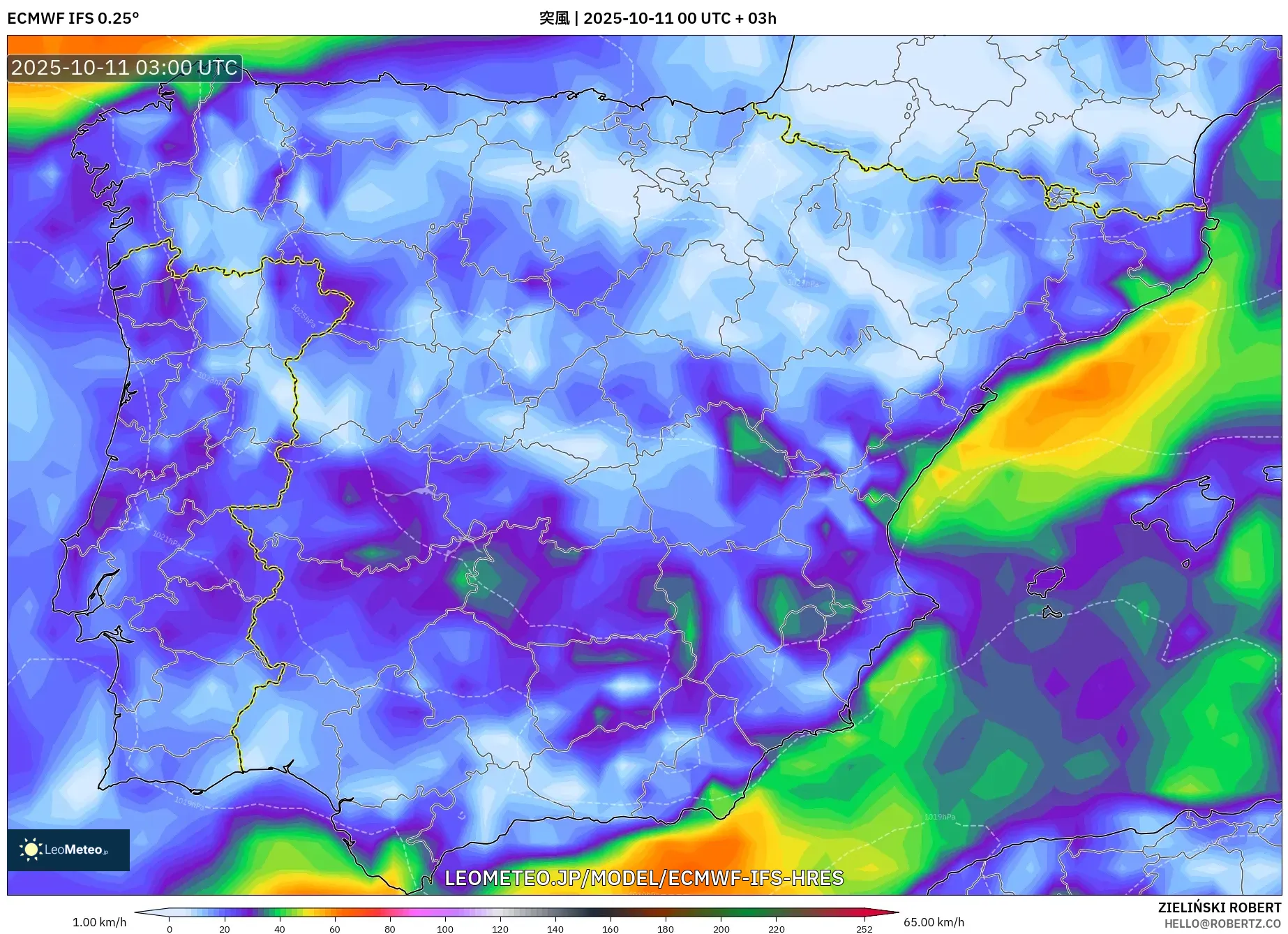 ECMWF IFS 0.25° model - スペイン, 突風 ECMWF IFS 0.25° model - スペイン, 突風