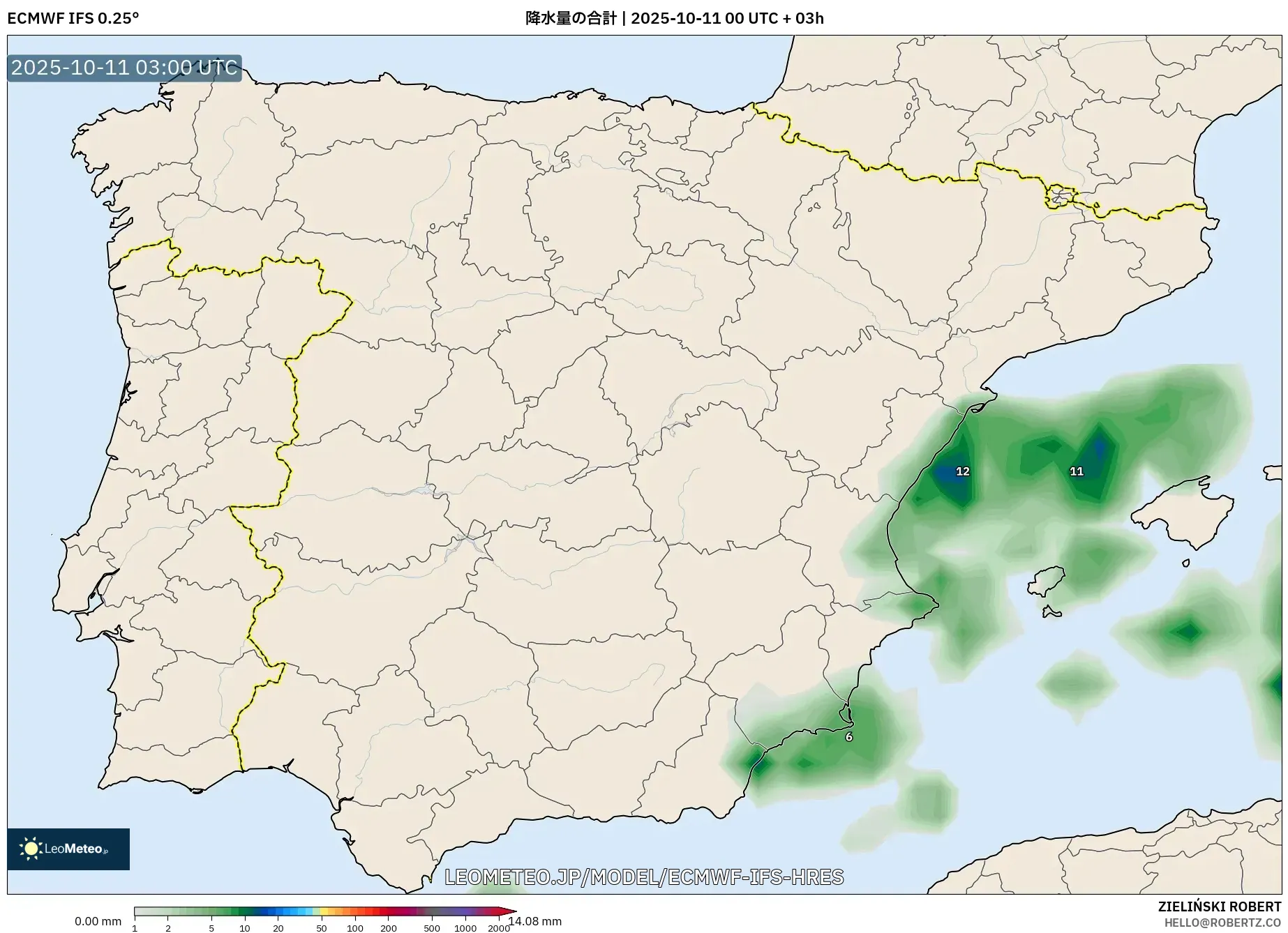 ECMWF IFS 0.25° model - スペイン, 降水量の合計