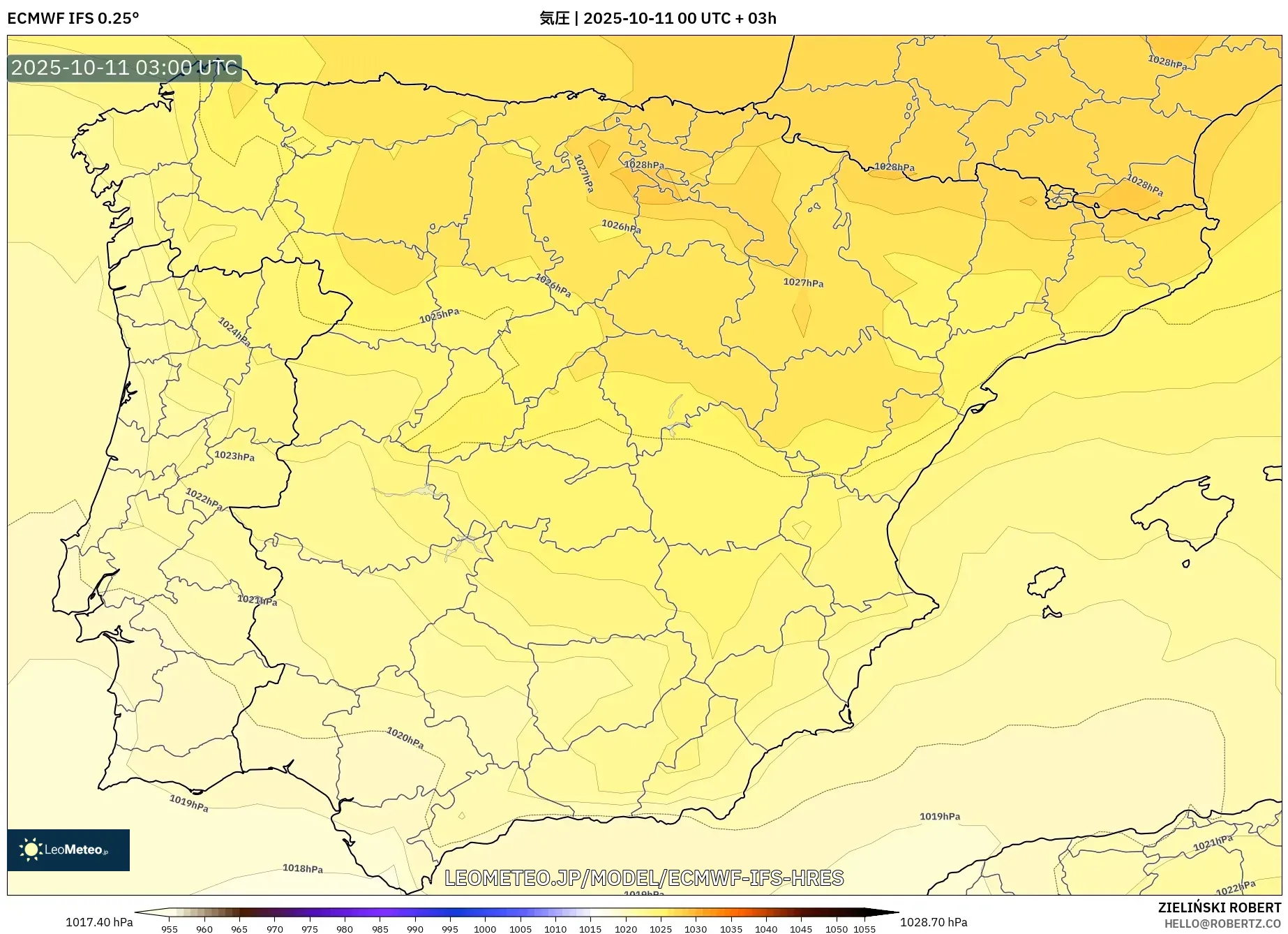 ECMWF IFS 0.25° model - スペイン, 気圧 ECMWF IFS 0.25° model - スペイン, 気圧