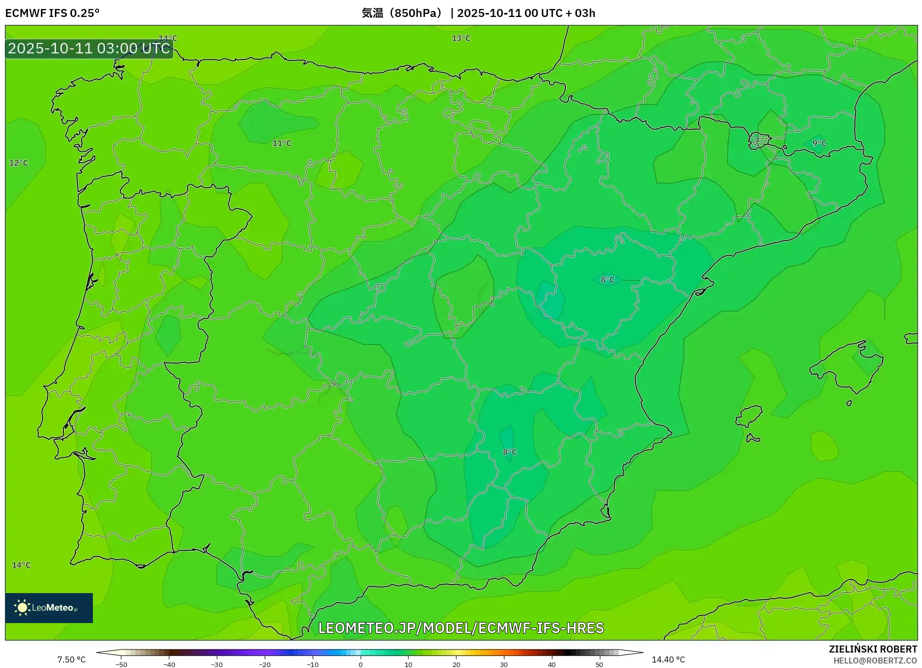 ECMWF IFS 0.25° model - スペイン, 気温（850hPa）