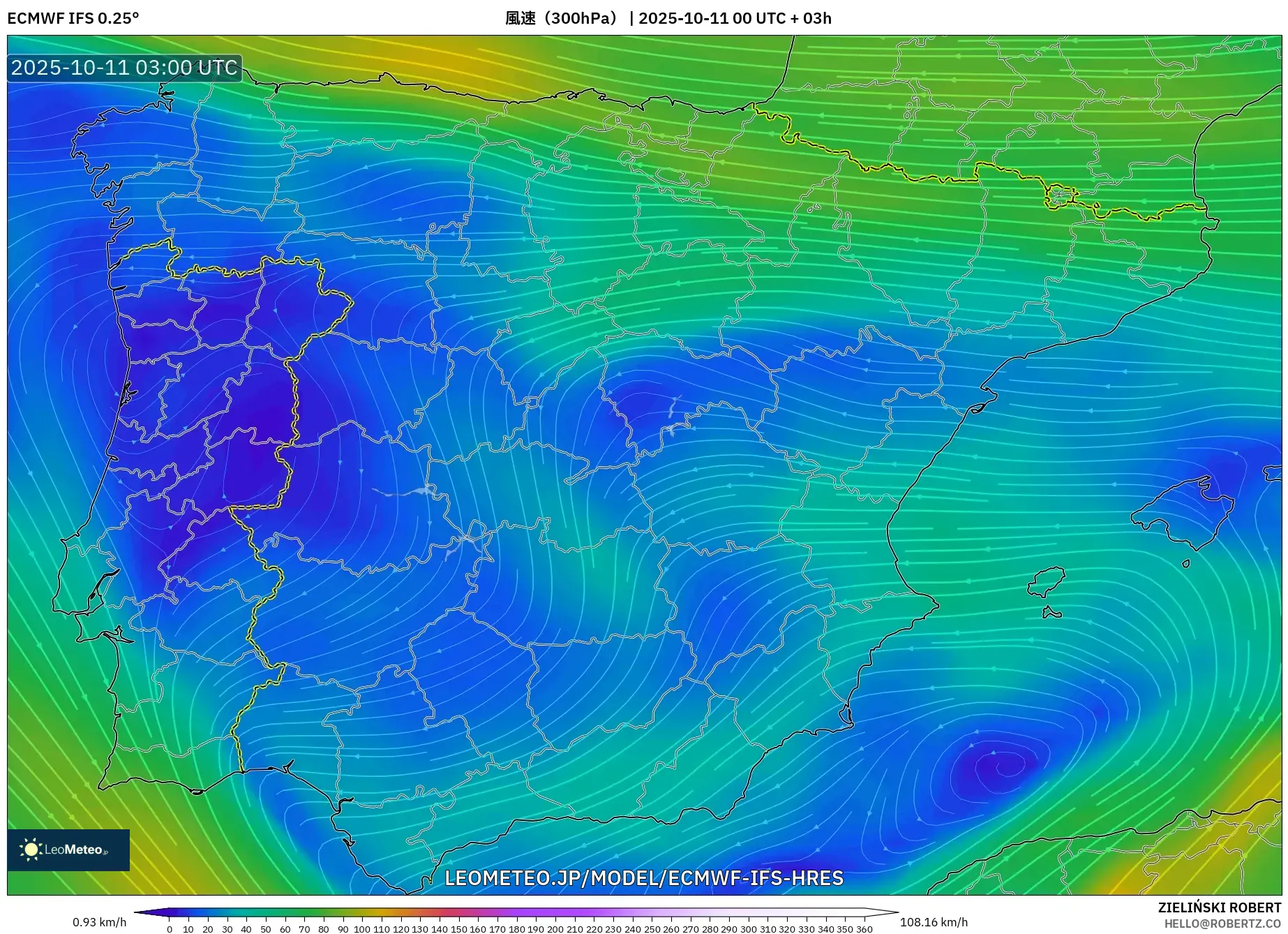 ECMWF IFS 0.25° model - スペイン, 風速(300hPa) ECMWF IFS 0.25° model - スペイン, 風速(300hPa)