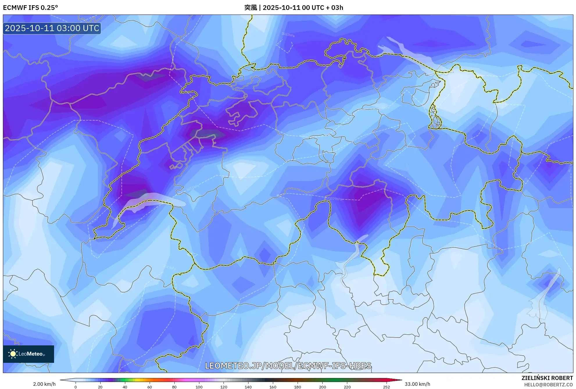 ECMWF IFS 0.25° model - スイス, 突風 ECMWF IFS 0.25° model - スイス, 突風