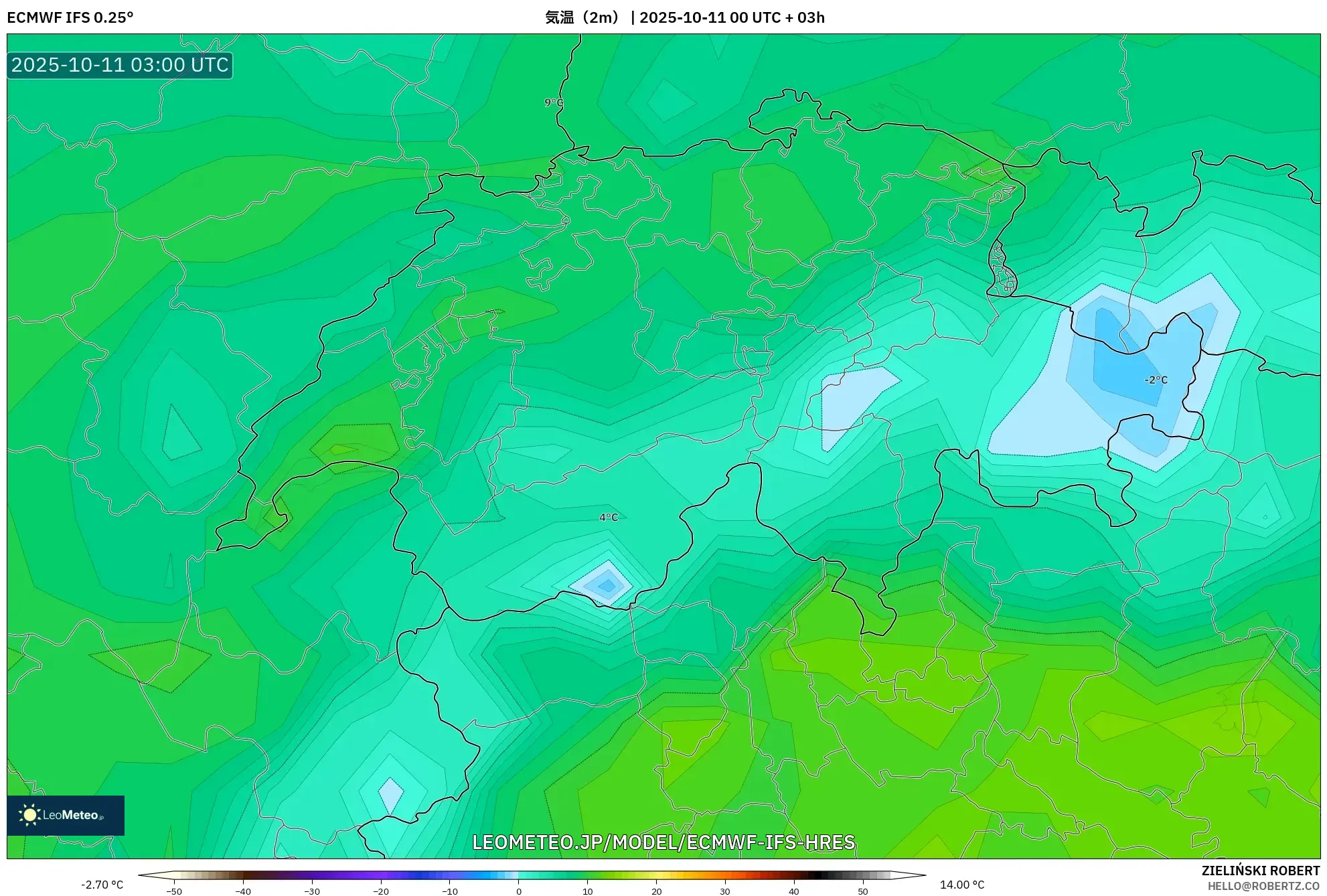 ECMWF IFS 0.25° model - スイス, 気温(2m) ECMWF IFS 0.25° model - スイス, 気温(2m)