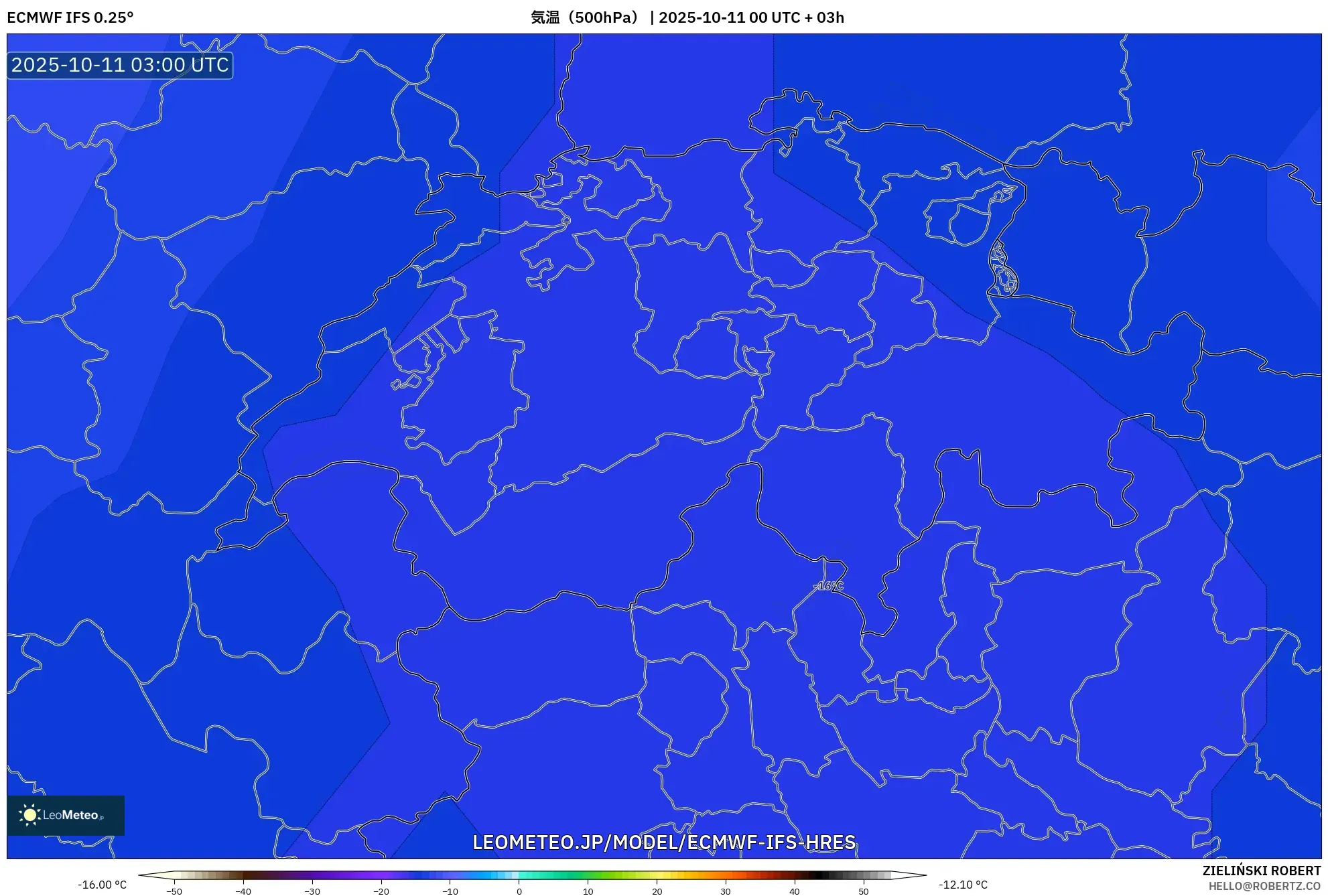 ECMWF IFS 0.25° model - スイス, 気温（500hPa）