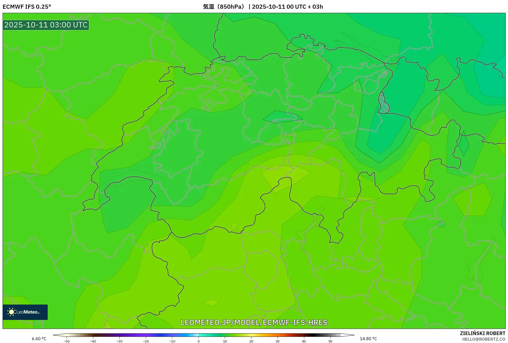 ECMWF IFS 0.25° model - スイス, 気温(850hPa) ECMWF IFS 0.25° model - スイス, 気温(850hPa)
