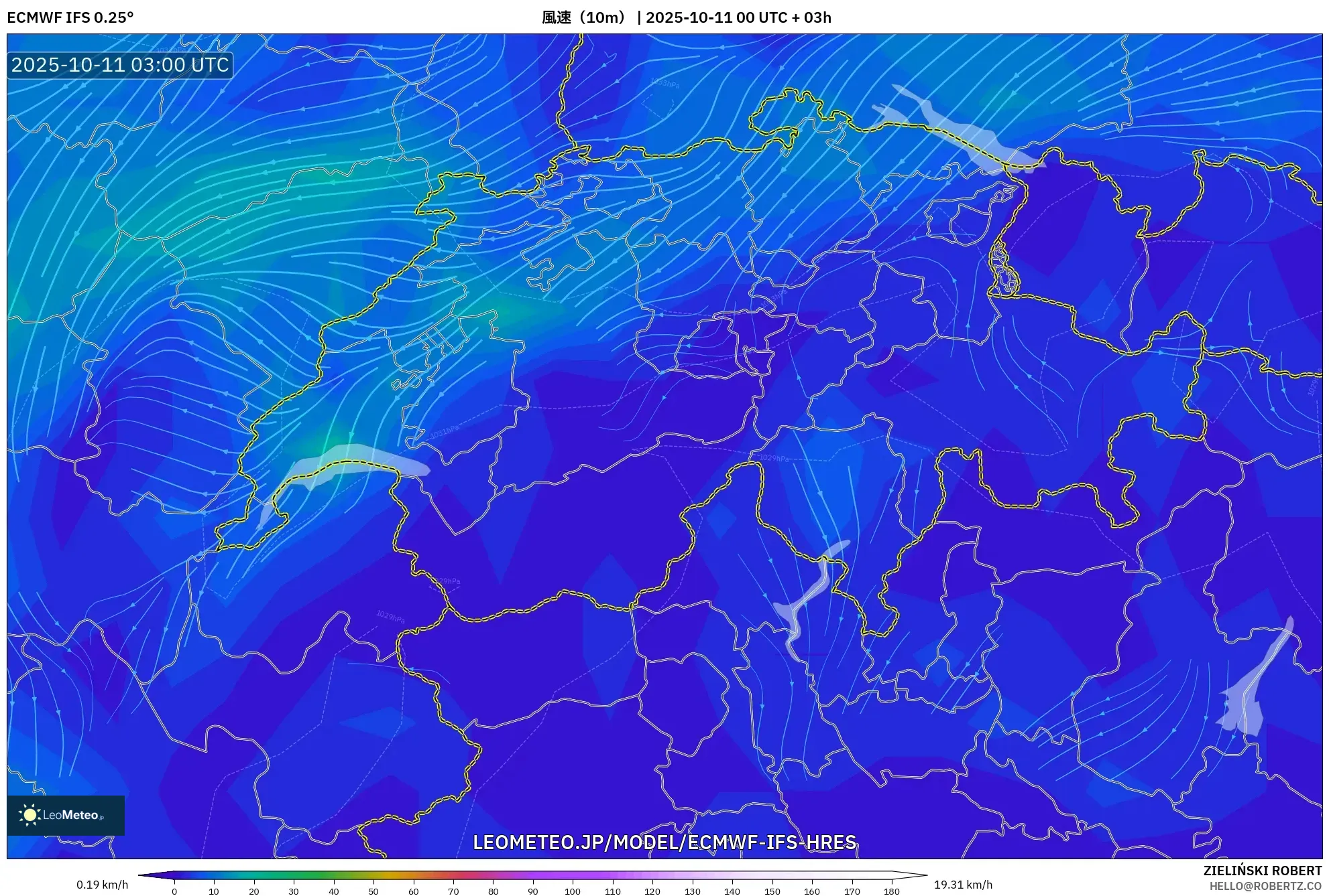 ECMWF IFS 0.25° model - スイス, 風速(10m) ECMWF IFS 0.25° model - スイス, 風速(10m)