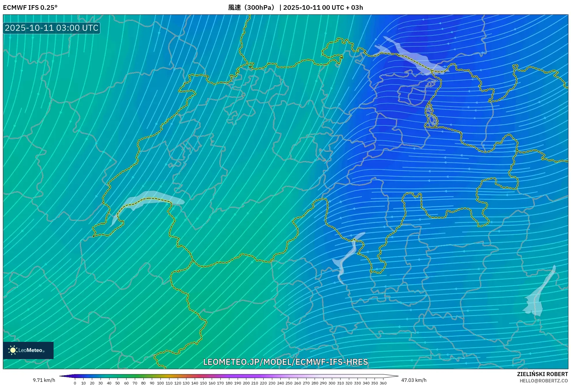 ECMWF IFS 0.25° model - スイス, 風速(300hPa) ECMWF IFS 0.25° model - スイス, 風速(300hPa)