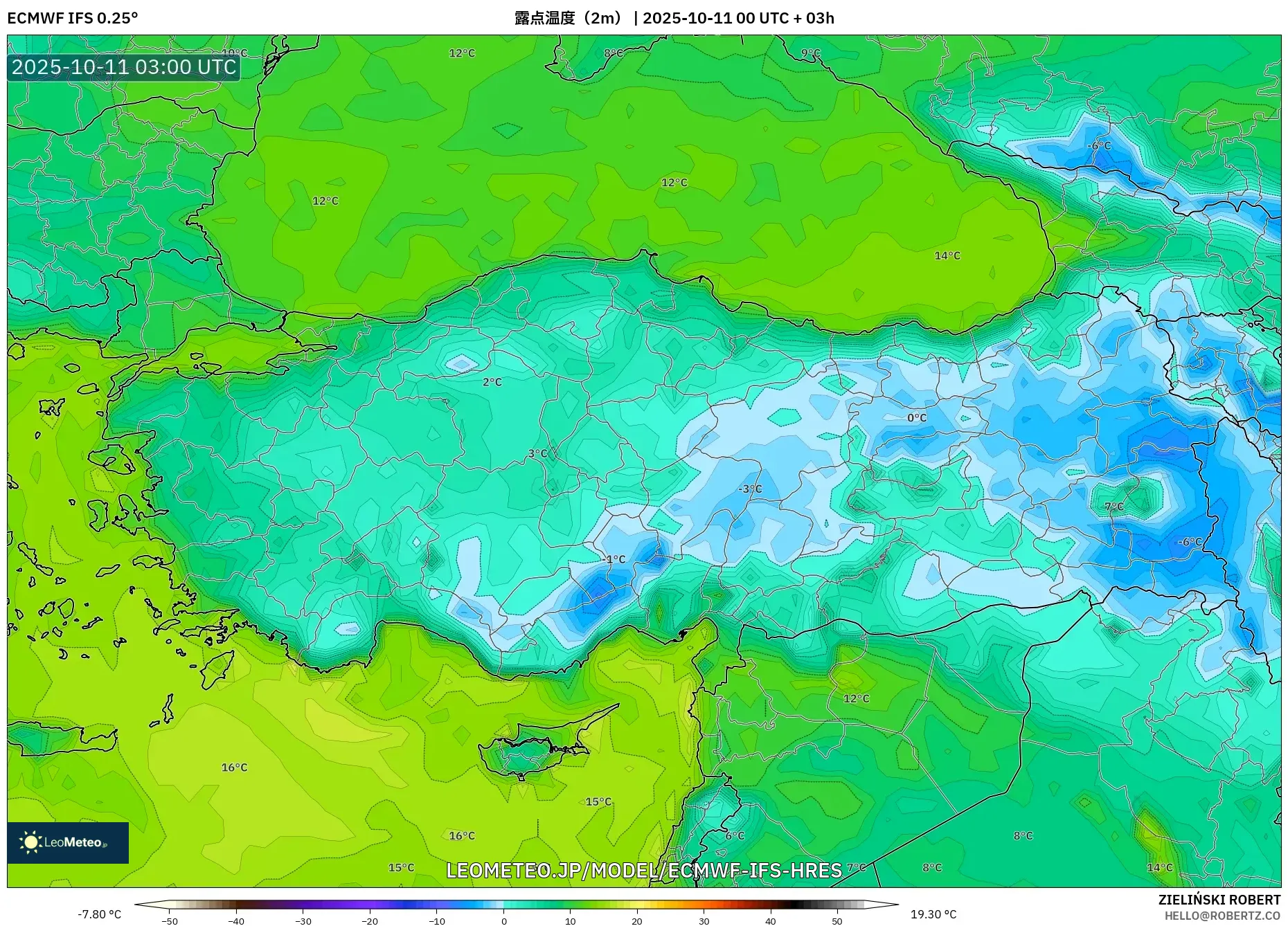 ECMWF IFS 0.25° model - トルコ, 露点温度(2m) ECMWF IFS 0.25° model - トルコ, 露点温度(2m)