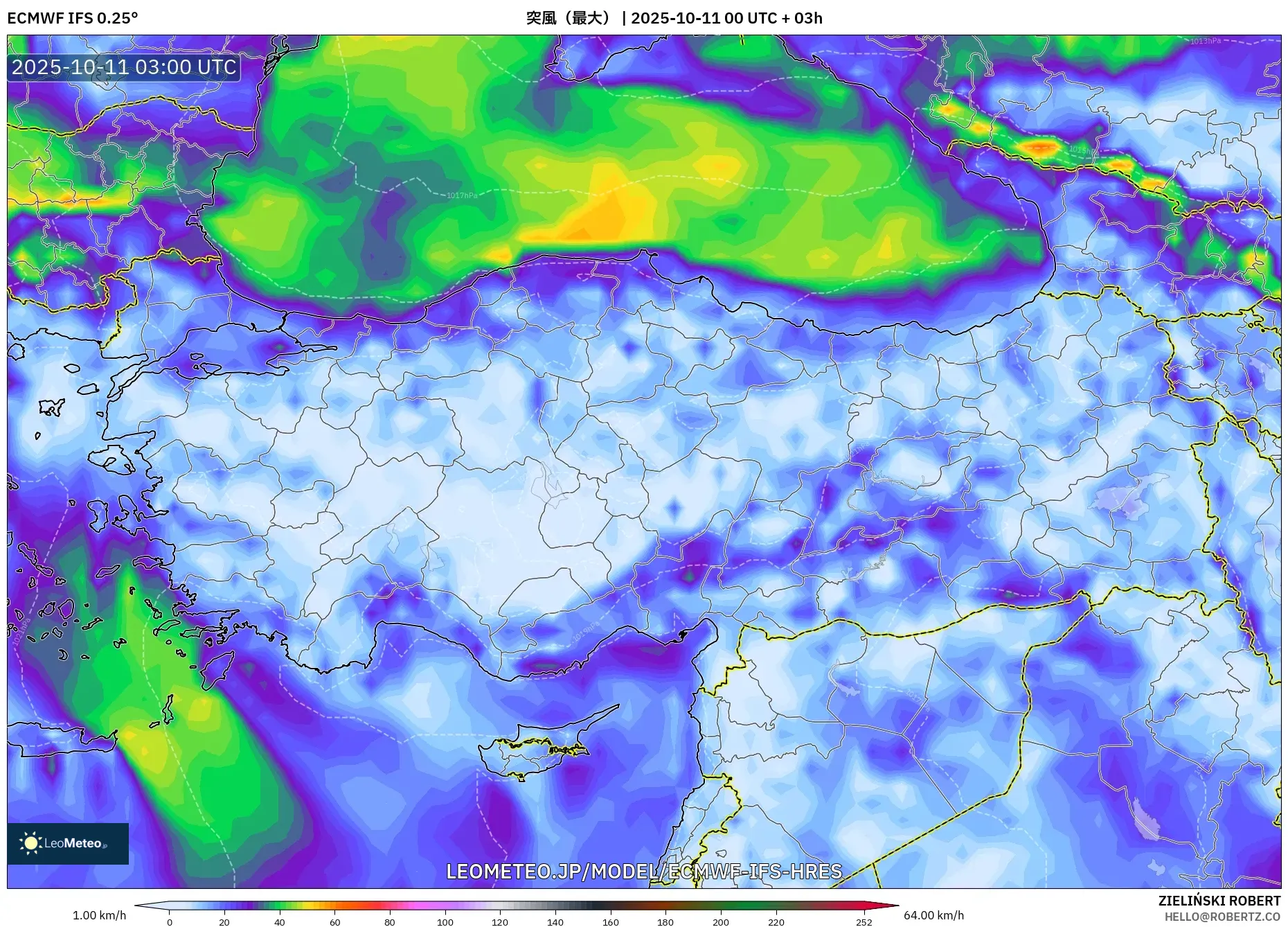 ECMWF IFS 0.25° model - トルコ, 突風(最大) ECMWF IFS 0.25° model - トルコ, 突風(最大)