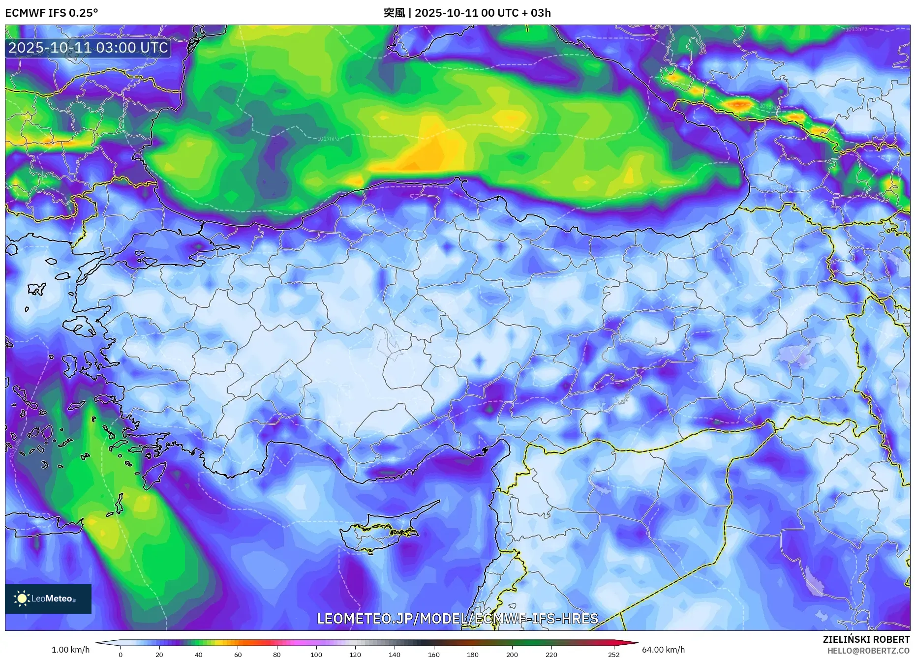 ECMWF IFS 0.25° model - トルコ, 突風 ECMWF IFS 0.25° model - トルコ, 突風