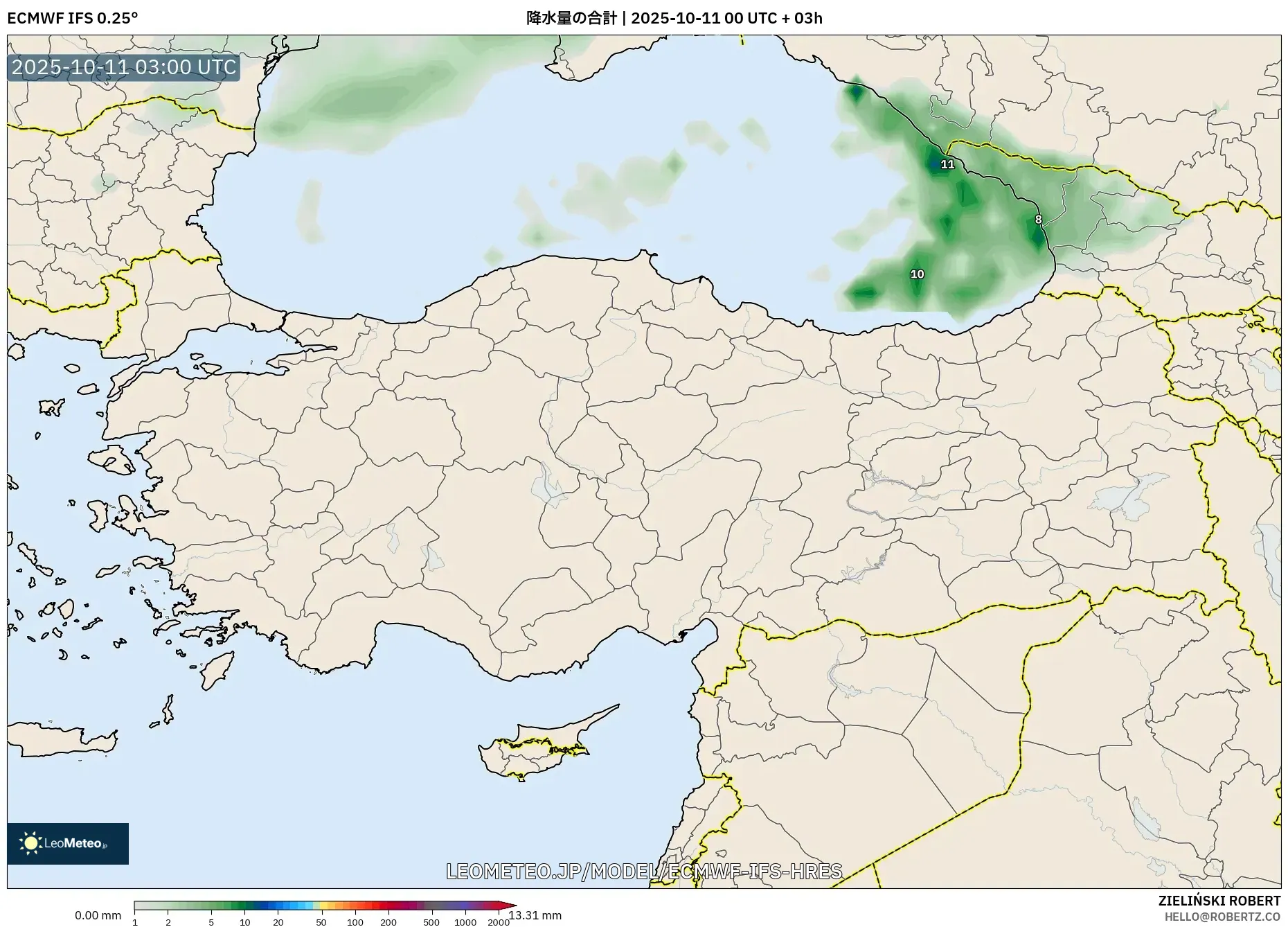 ECMWF IFS 0.25° model - トルコ, 降水量の合計 ECMWF IFS 0.25° model - トルコ, 降水量の合計