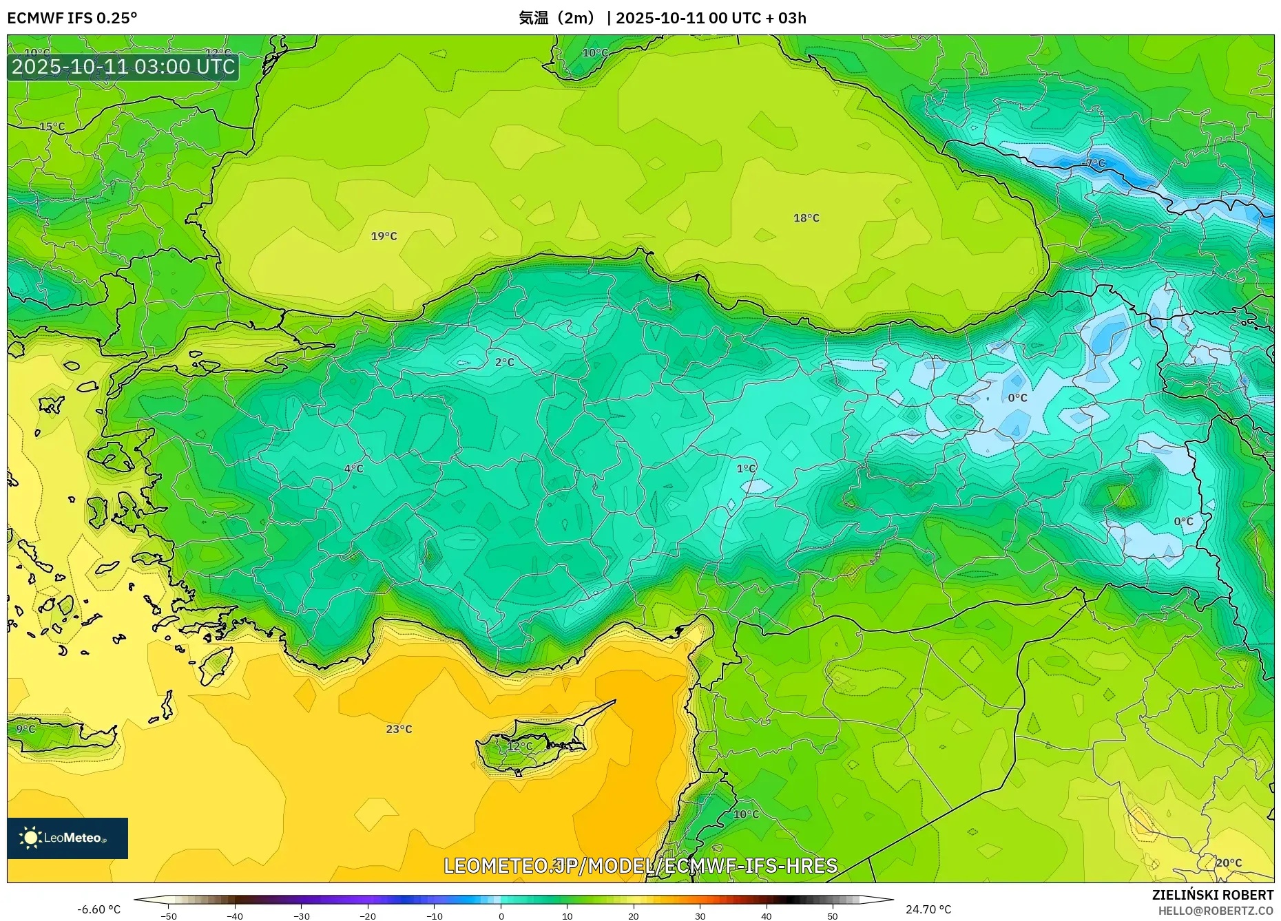 ECMWF IFS 0.25° model - トルコ, 気温(2m) ECMWF IFS 0.25° model - トルコ, 気温(2m)