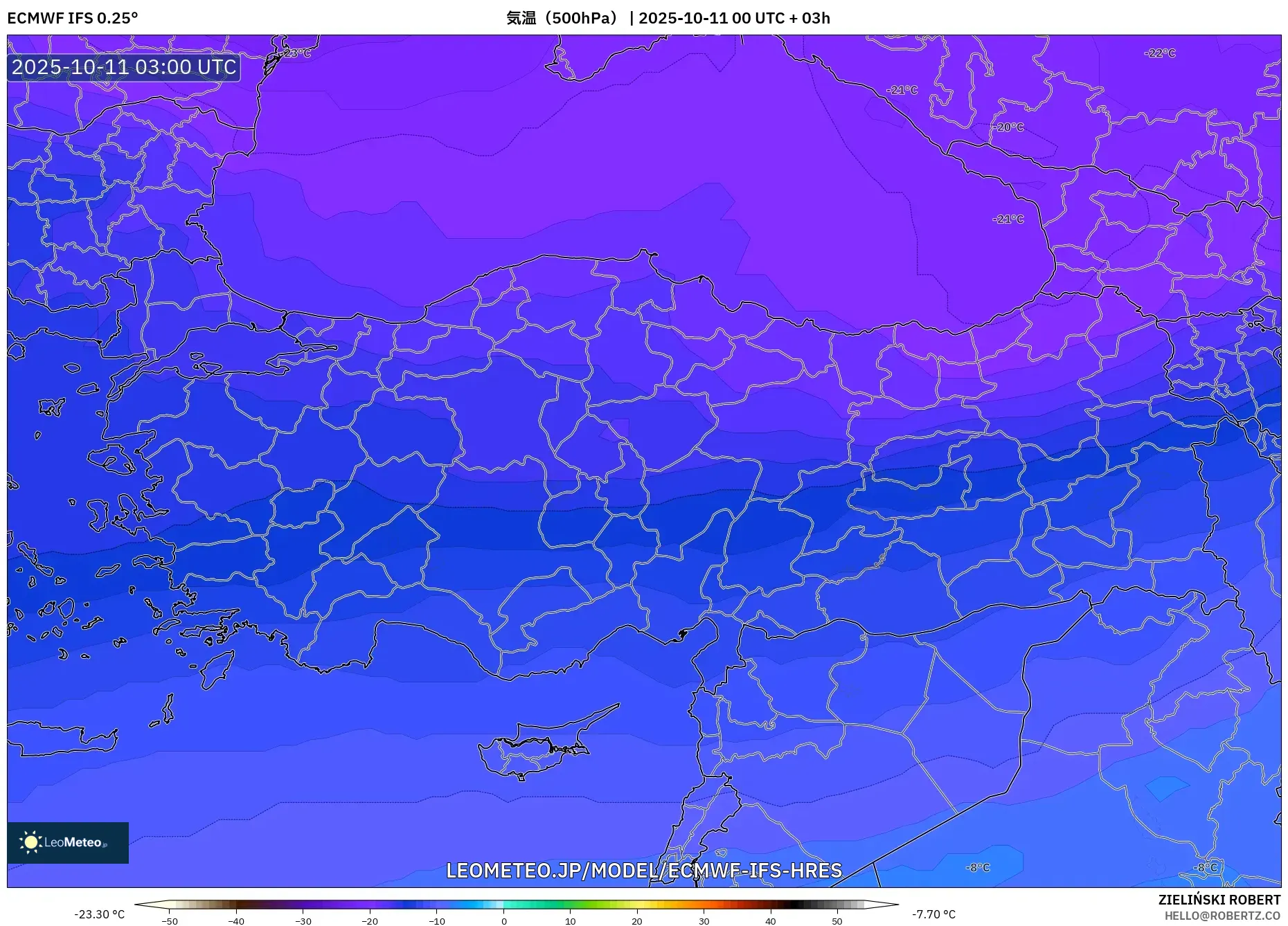 ECMWF IFS 0.25° model - トルコ, 気温（500hPa）