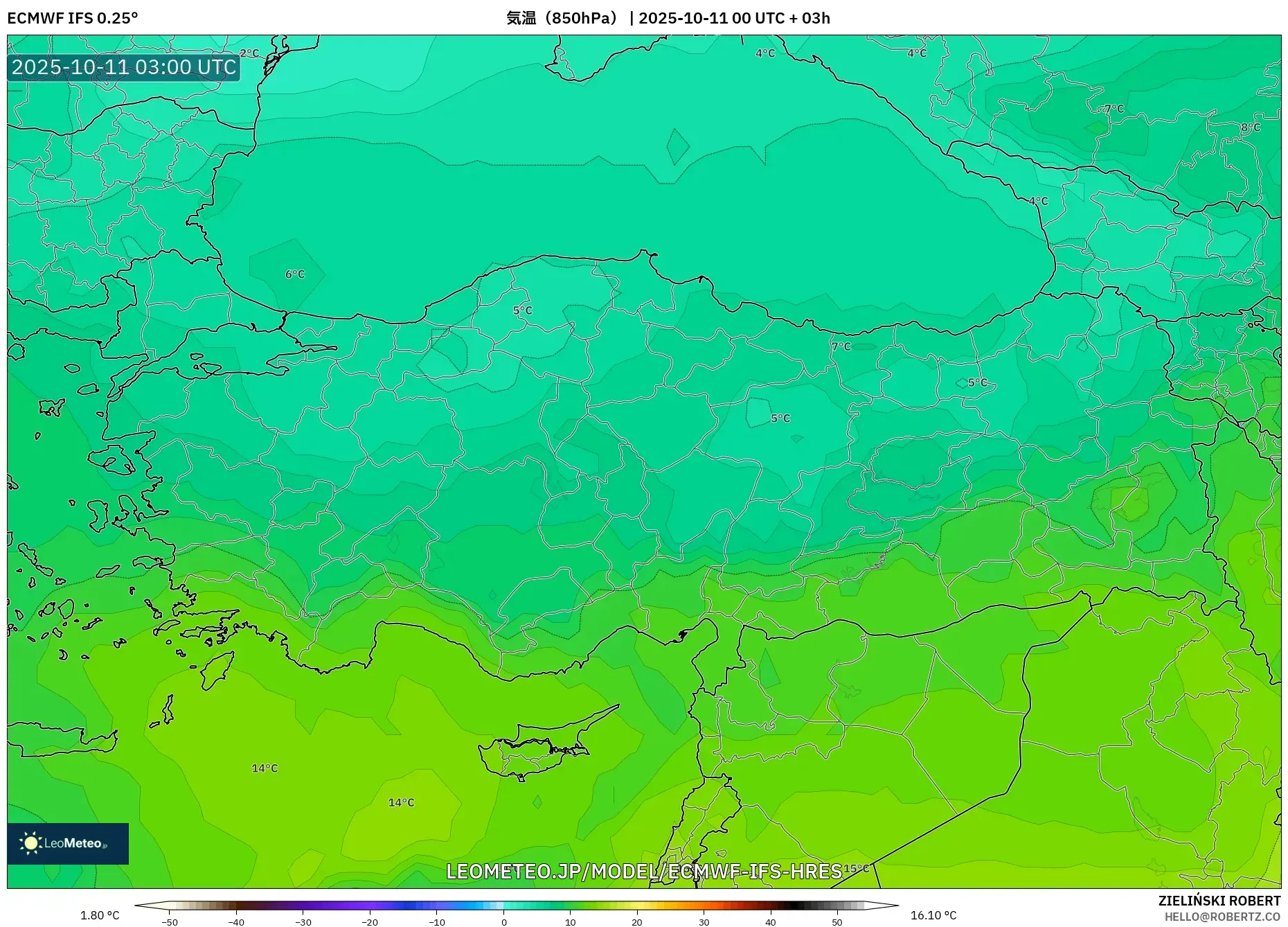 ECMWF IFS 0.25° model - トルコ, 気温（850hPa）