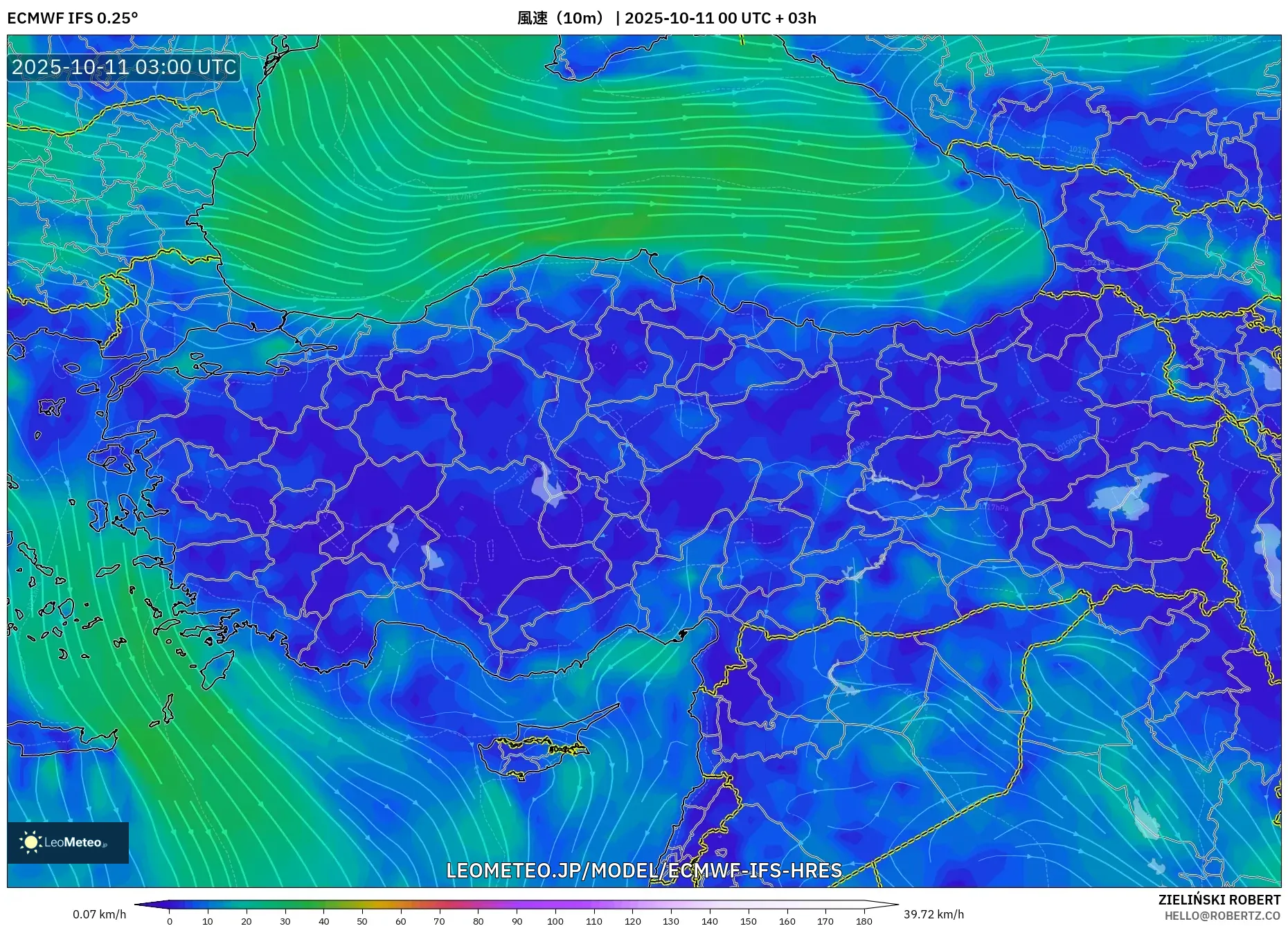 ECMWF IFS 0.25° model - トルコ, 風速（10m）