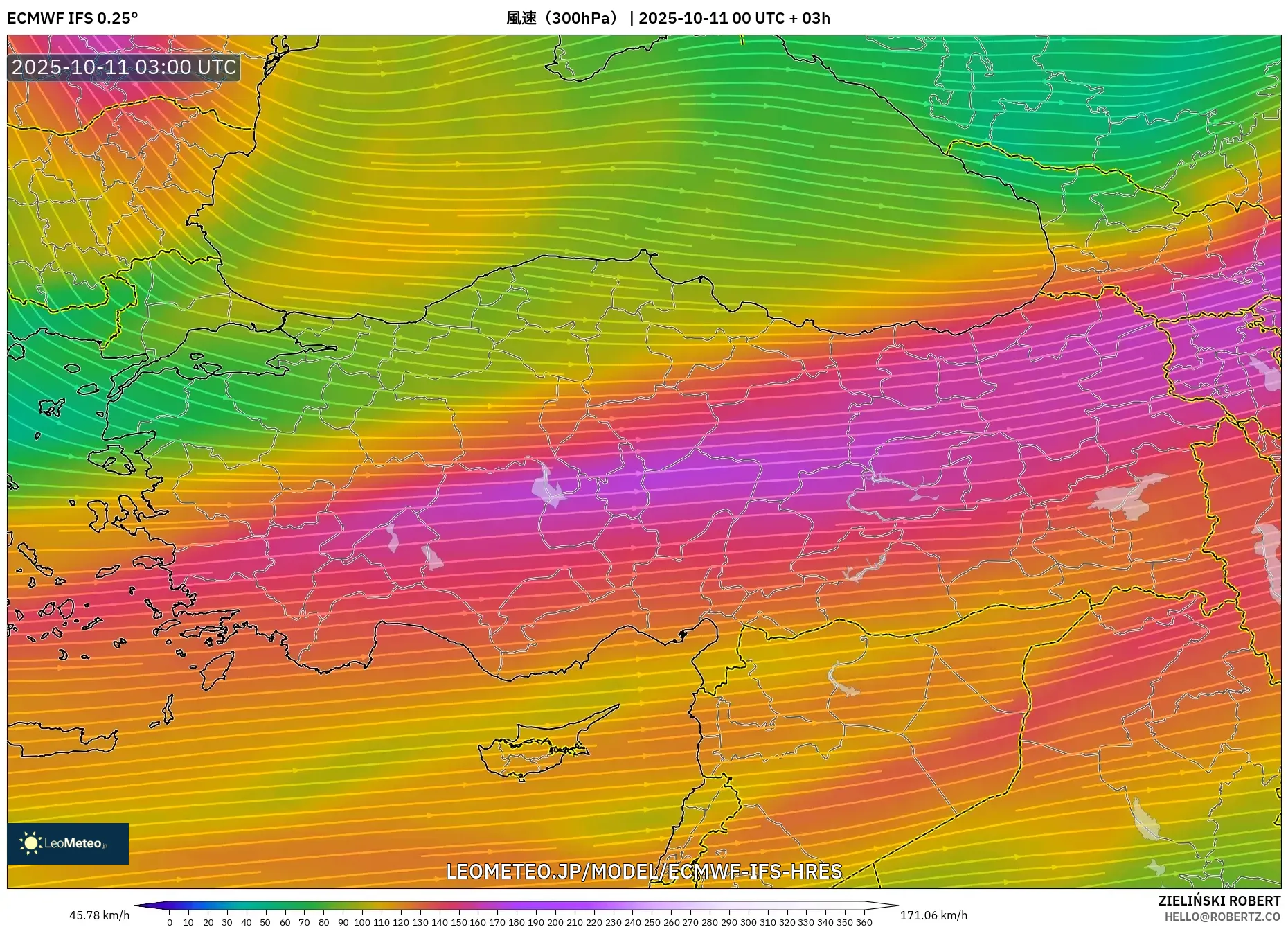 ECMWF IFS 0.25° model - トルコ, 風速(300hPa) ECMWF IFS 0.25° model - トルコ, 風速(300hPa)