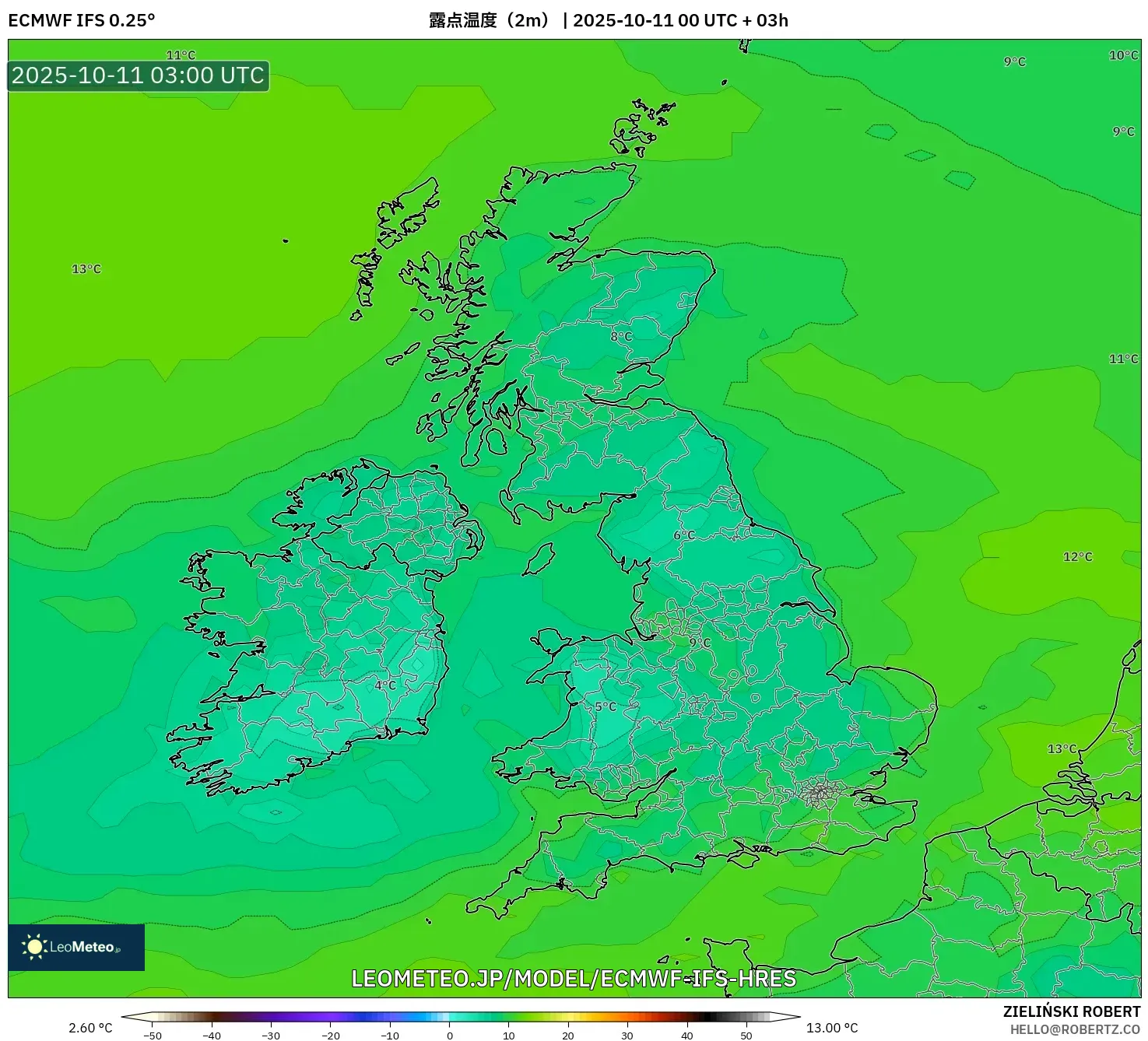 ECMWF IFS 0.25° model - イギリス, 露点温度(2m) ECMWF IFS 0.25° model - イギリス, 露点温度(2m)