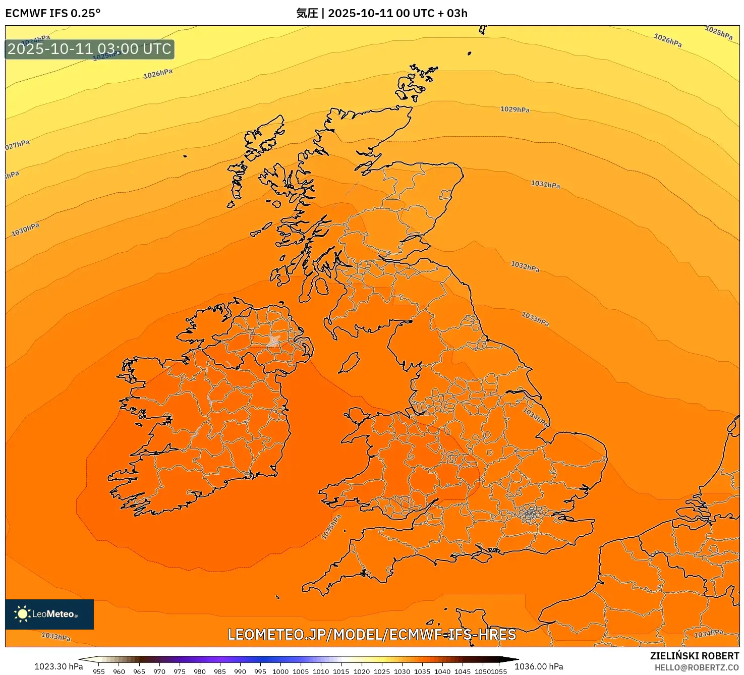 ECMWF IFS 0.25° model - イギリス, 気圧 ECMWF IFS 0.25° model - イギリス, 気圧