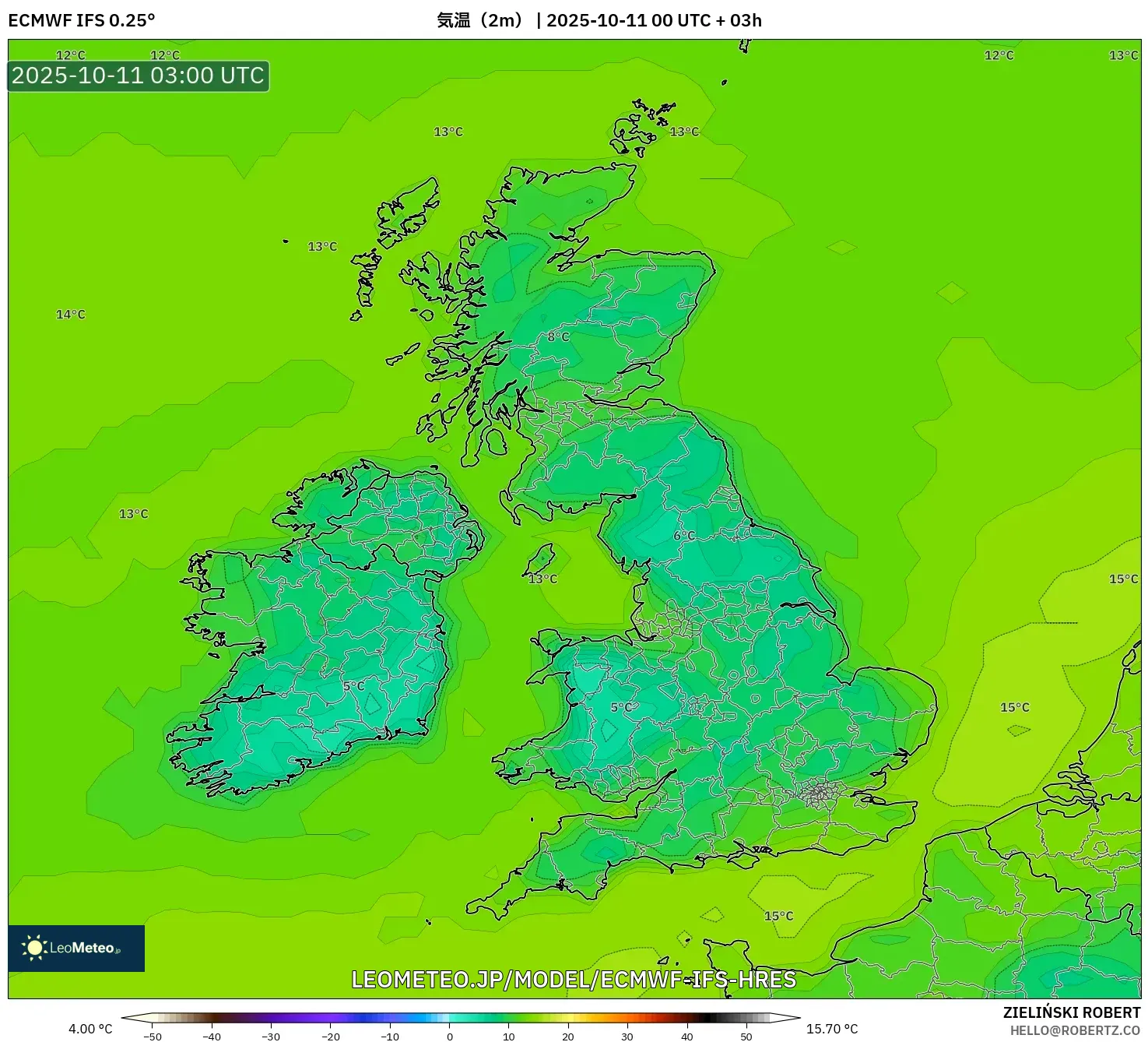 ECMWF IFS 0.25° model - イギリス, 気温(2m) ECMWF IFS 0.25° model - イギリス, 気温(2m)
