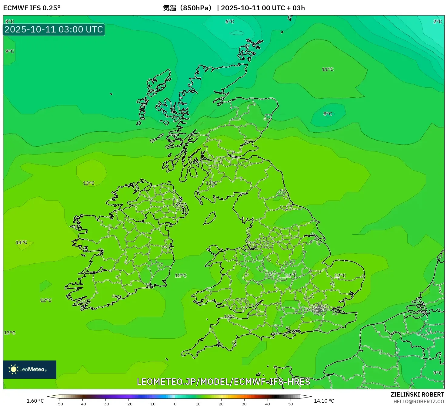 ECMWF IFS 0.25° model - イギリス, 気温(850hPa) ECMWF IFS 0.25° model - イギリス, 気温(850hPa)