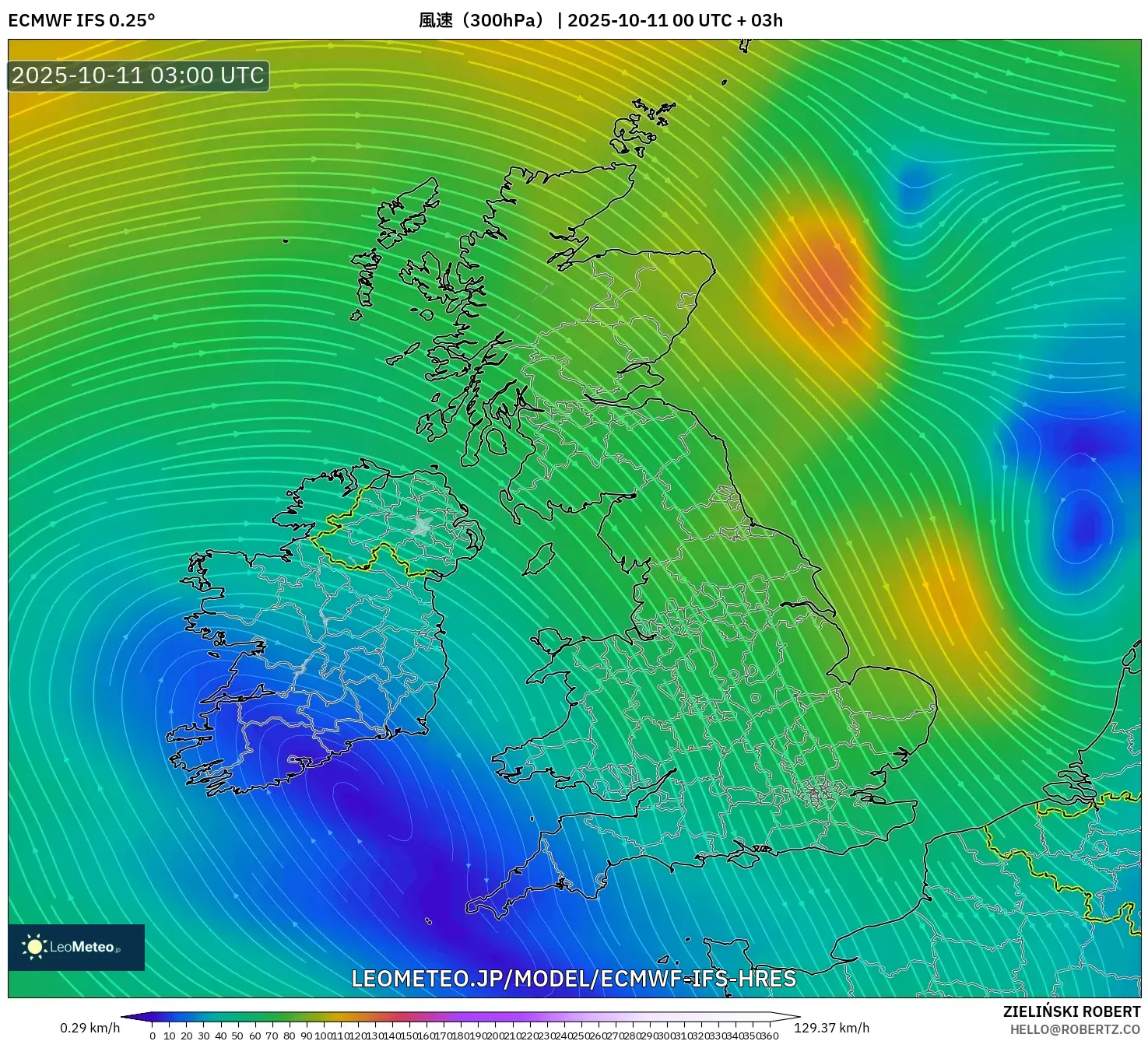 ECMWF IFS 0.25° model - イギリス, 風速(300hPa) ECMWF IFS 0.25° model - イギリス, 風速(300hPa)