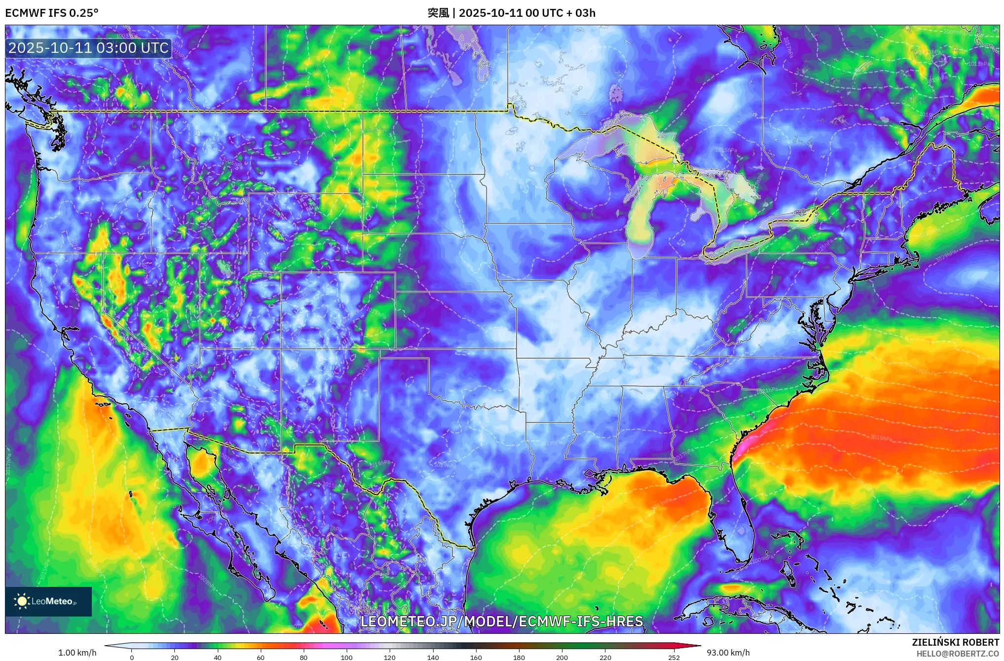 ECMWF IFS 0.25° model - アメリカ合衆国, 突風