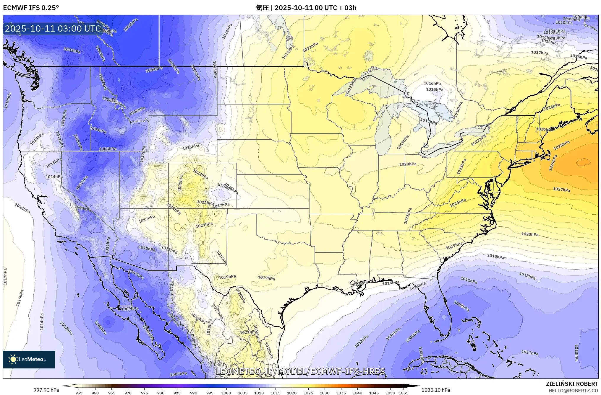 ECMWF IFS 0.25° model - アメリカ合衆国, 気圧 ECMWF IFS 0.25° model - アメリカ合衆国, 気圧