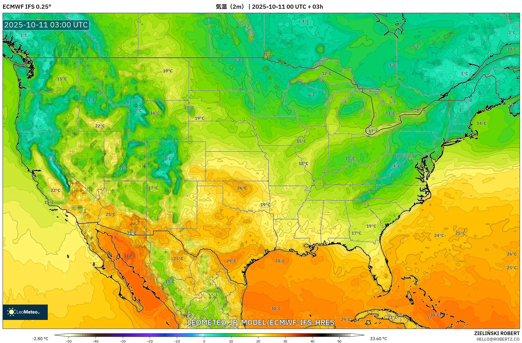ECMWF IFS 0.25° model - アメリカ合衆国, 気温(2m) ECMWF IFS 0.25° model - アメリカ合衆国, 気温(2m)