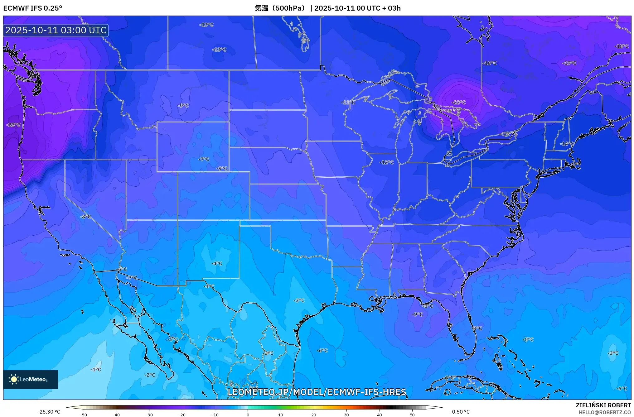 ECMWF IFS 0.25° model - アメリカ合衆国, 気温(500hPa) ECMWF IFS 0.25° model - アメリカ合衆国, 気温(500hPa)