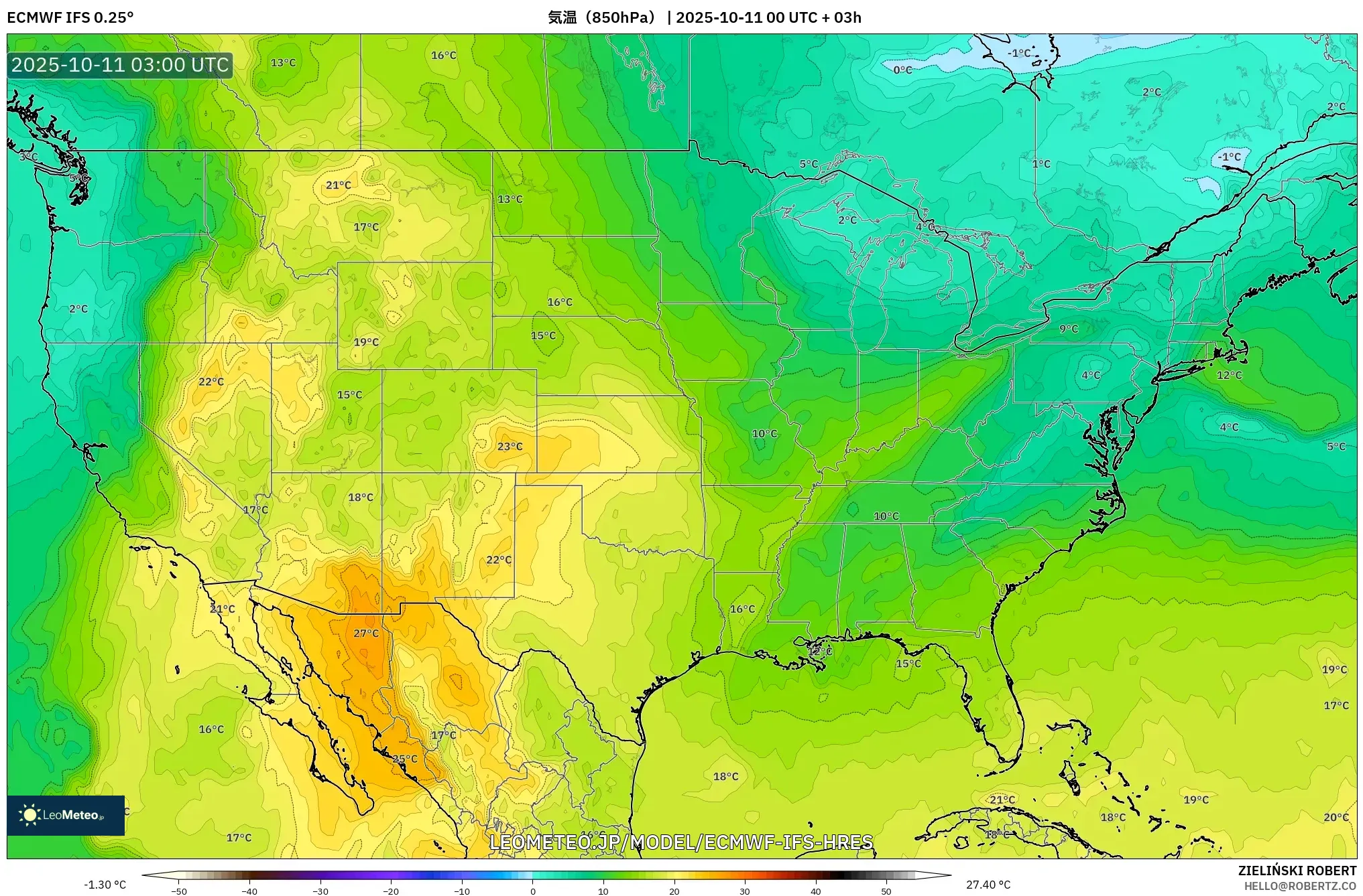 ECMWF IFS 0.25° model - アメリカ合衆国, 気温(850hPa) ECMWF IFS 0.25° model - アメリカ合衆国, 気温(850hPa)
