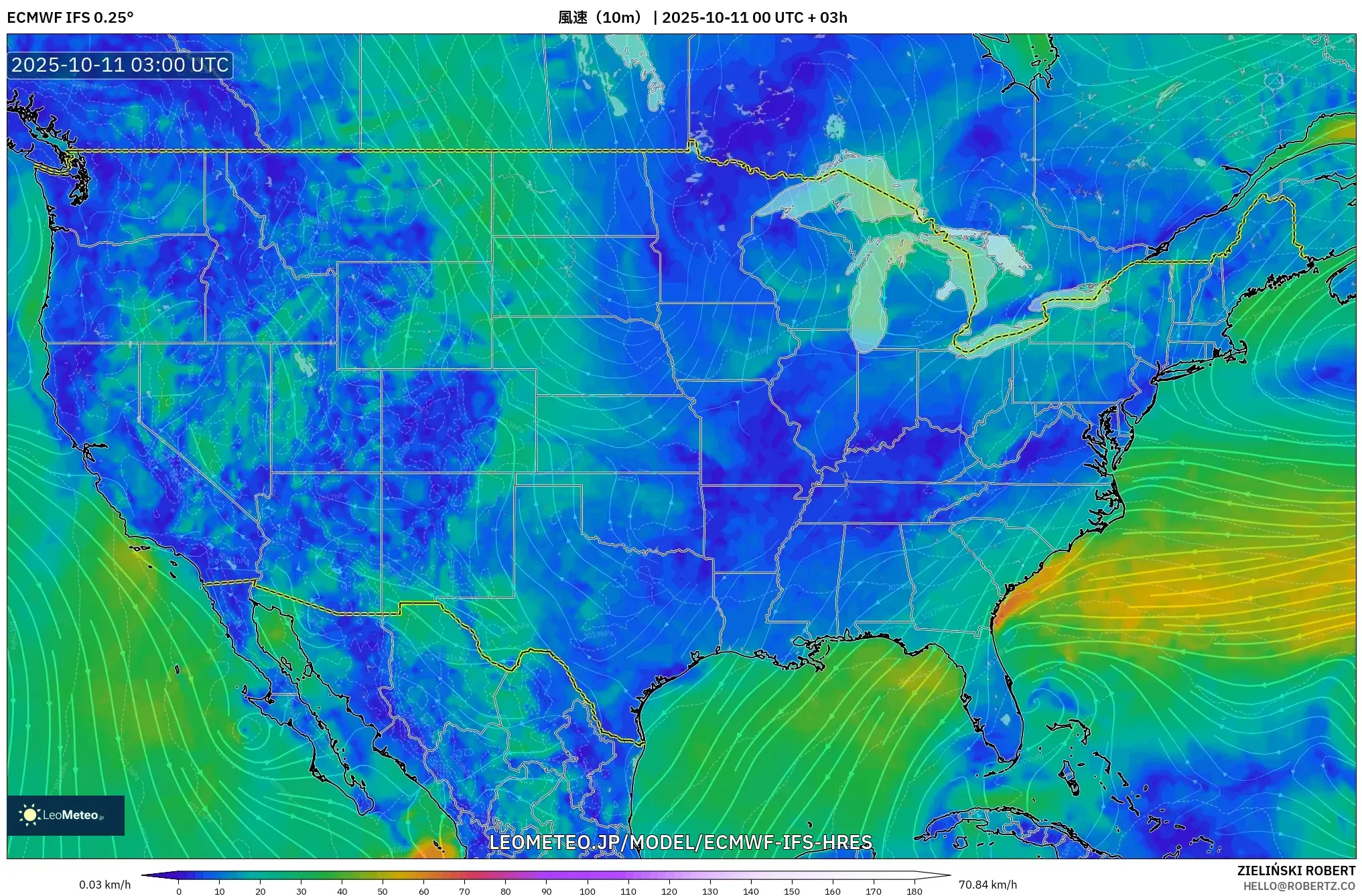 ECMWF IFS 0.25° model - アメリカ合衆国, 風速(10m) ECMWF IFS 0.25° model - アメリカ合衆国, 風速(10m)