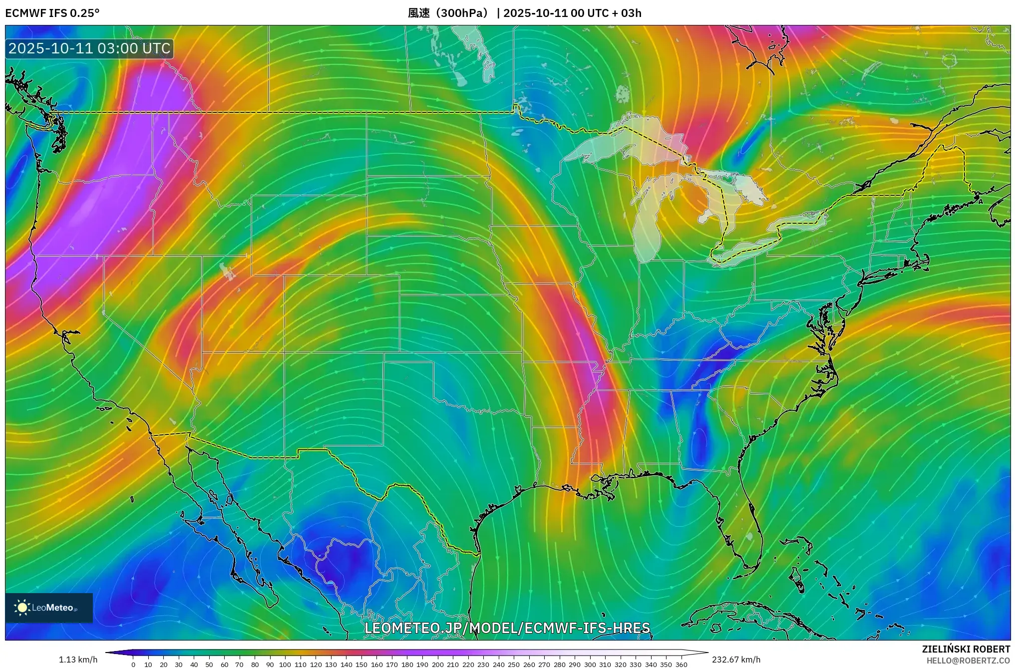 ECMWF IFS 0.25° model - アメリカ合衆国, 風速(300hPa) ECMWF IFS 0.25° model - アメリカ合衆国, 風速(300hPa)