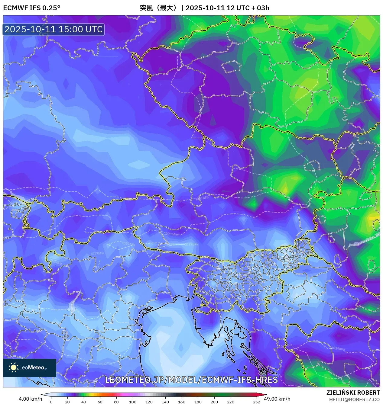 ECMWF IFS 0.25° model - オーストリア, 突風（最大）