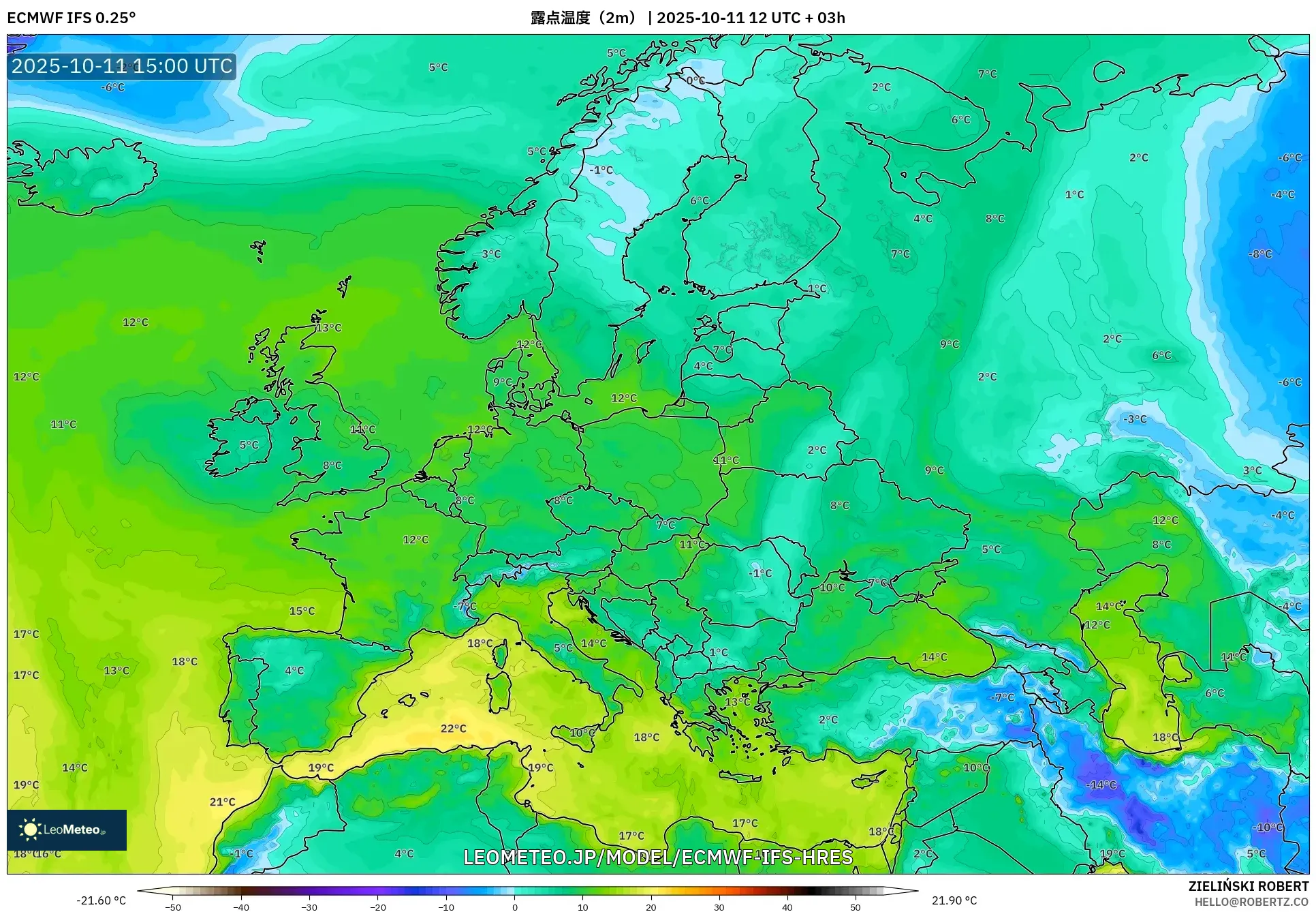 ECMWF IFS 0.25° model - ヨーロッパ, 露点温度（2m）