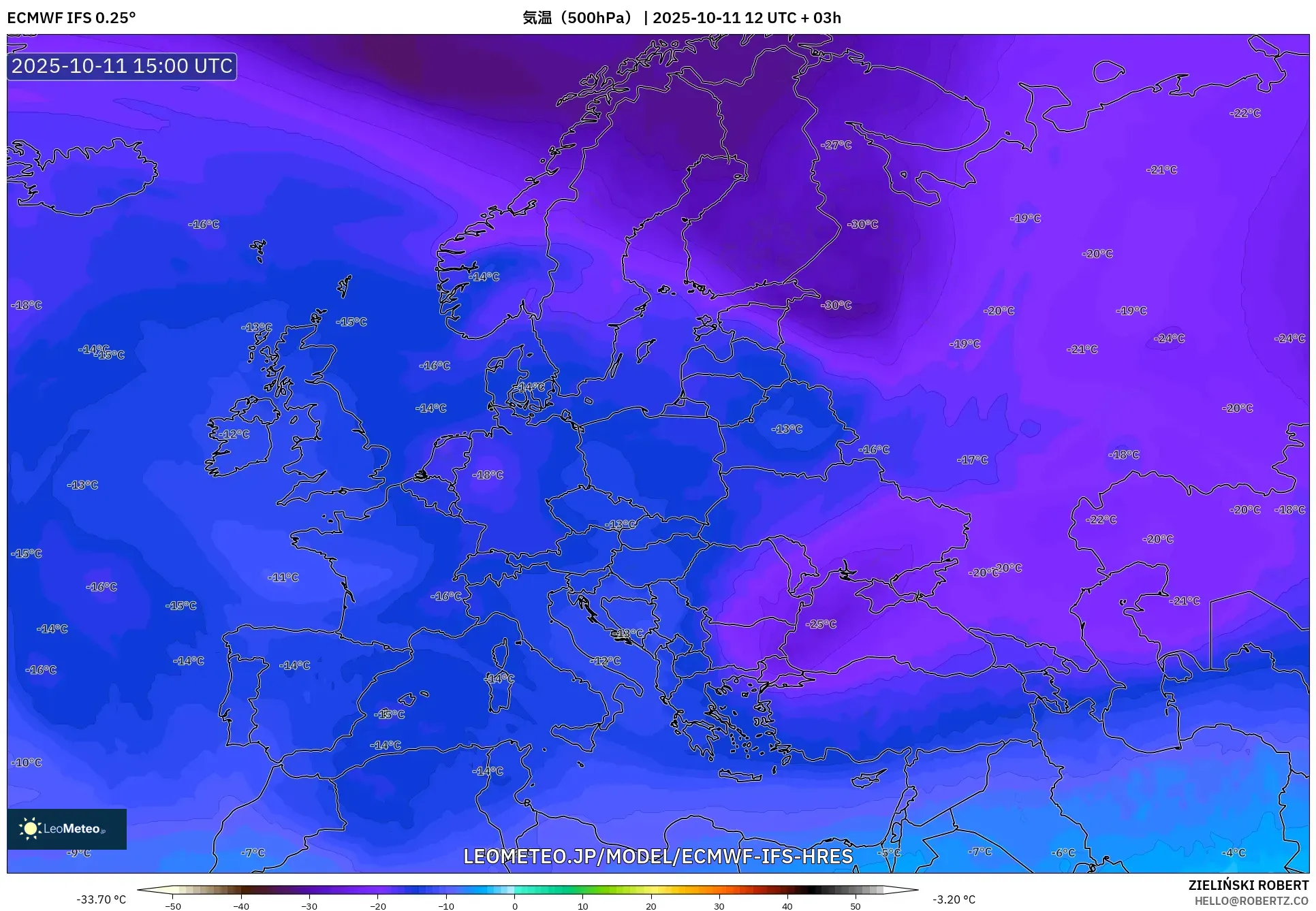 ECMWF IFS 0.25° model - ヨーロッパ, 気温（500hPa）