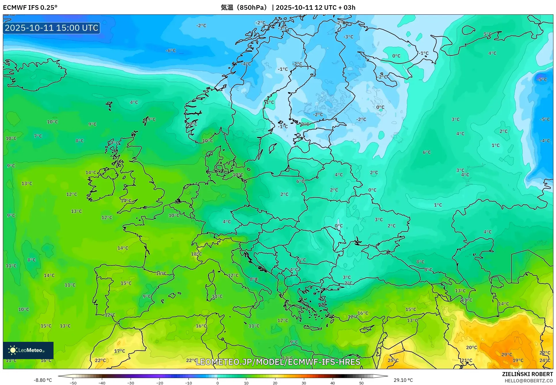 ECMWF IFS 0.25° model - ヨーロッパ, 気温（850hPa）