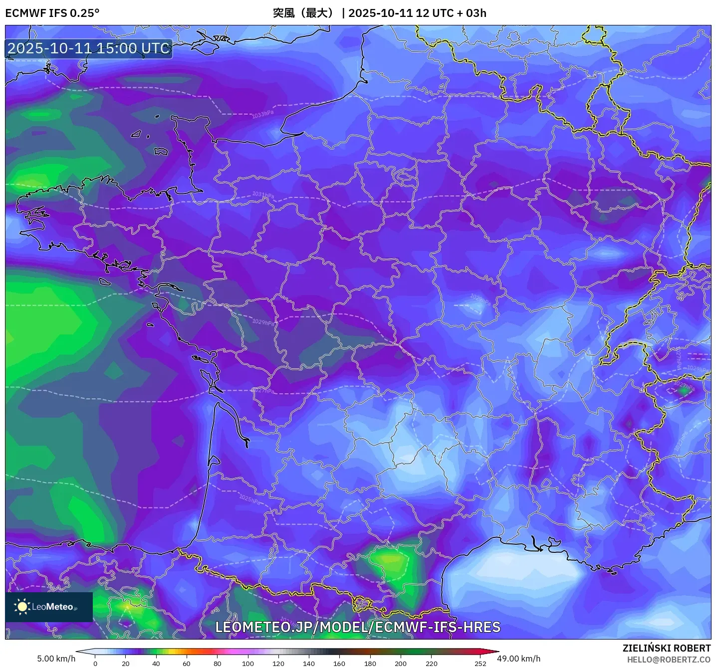 ECMWF IFS 0.25° model - フランス, 突風(最大) ECMWF IFS 0.25° model - フランス, 突風(最大)