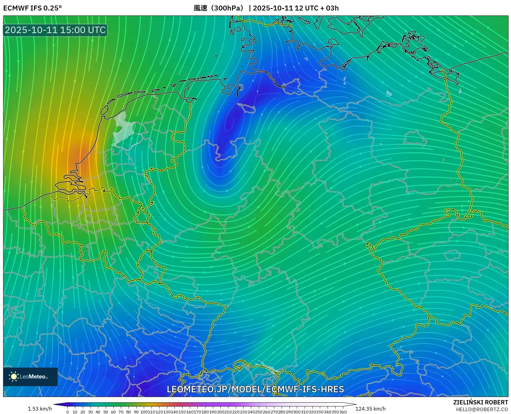 ECMWF IFS 0.25° model - ドイツ, 風速（300hPa）
