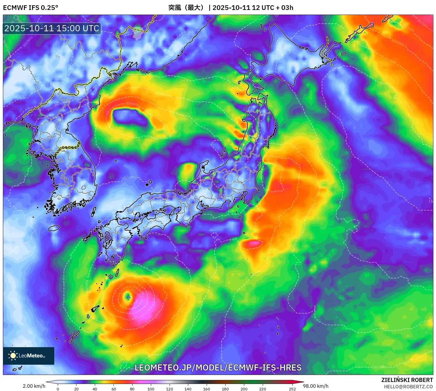 ECMWF IFS 0.25° model - 日本, 突風（最大）