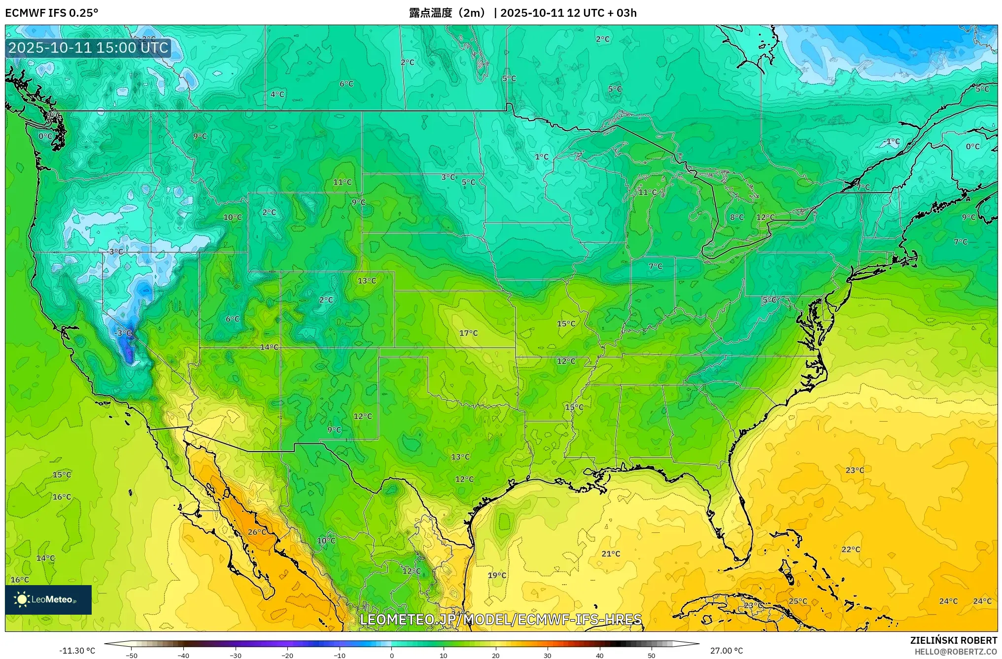 ECMWF IFS 0.25° model - アメリカ合衆国, 露点温度（2m）