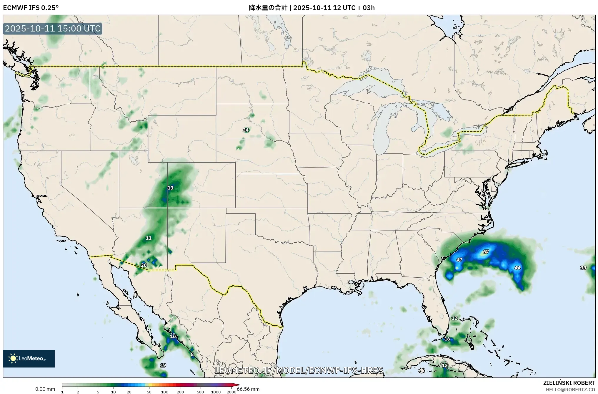 ECMWF IFS 0.25° model - アメリカ合衆国, 降水量の合計