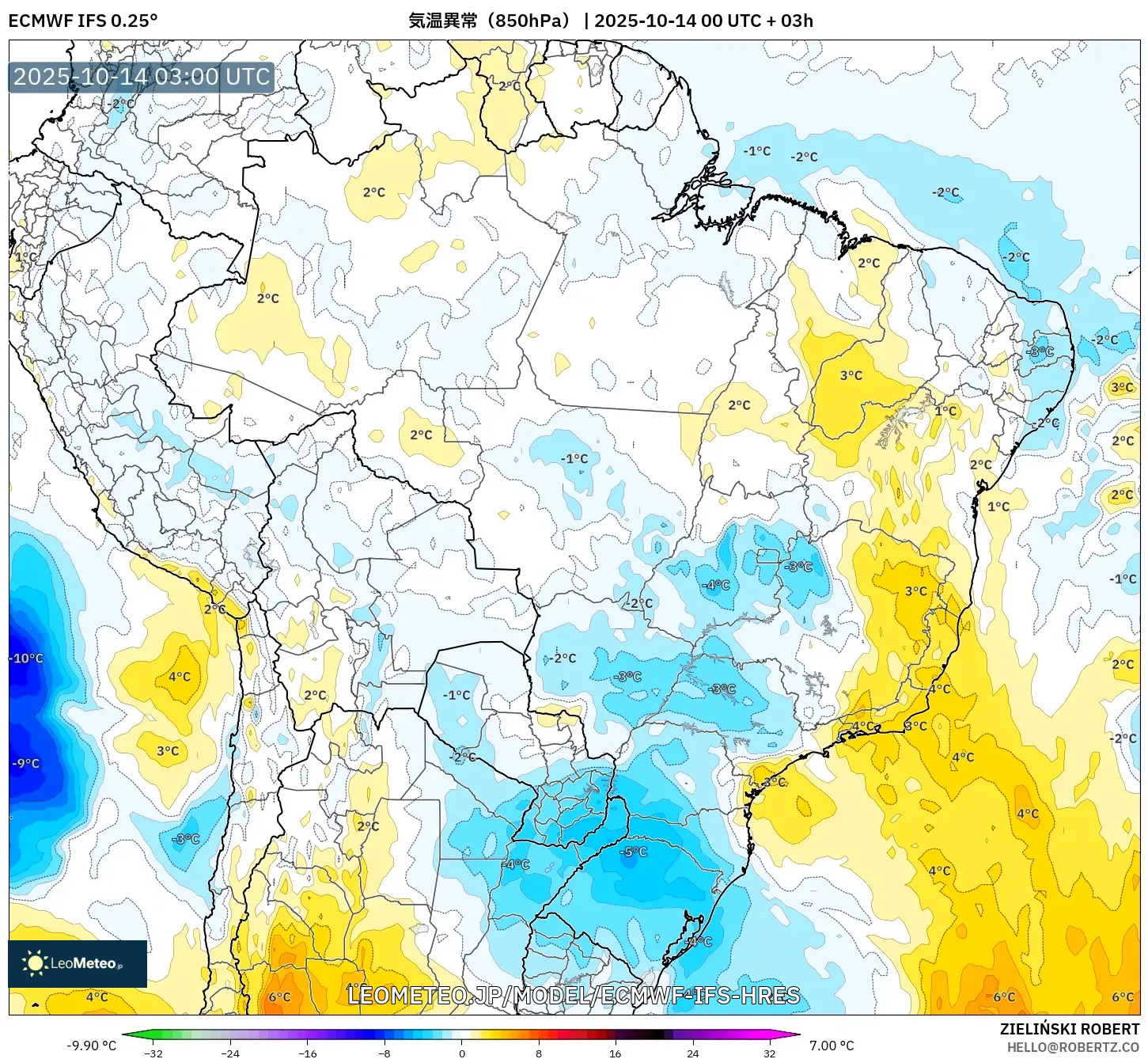 ECMWF IFS 0.25° model - ブラジル, 気温異常(850hPa) ECMWF IFS 0.25° model - ブラジル, 気温異常(850hPa)